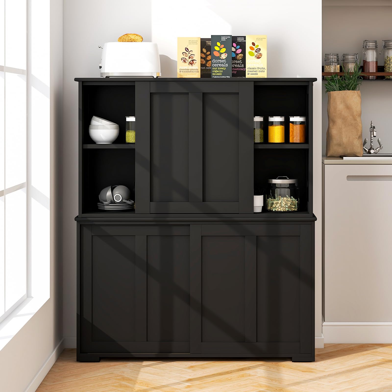 Byroce Buffet Cabinet Sideboard, Wood Storage Credenza Cupboard with Adjustable Shelf & 2 Sliding Doors, Stackable Coffee Bar Cabinet Console Table