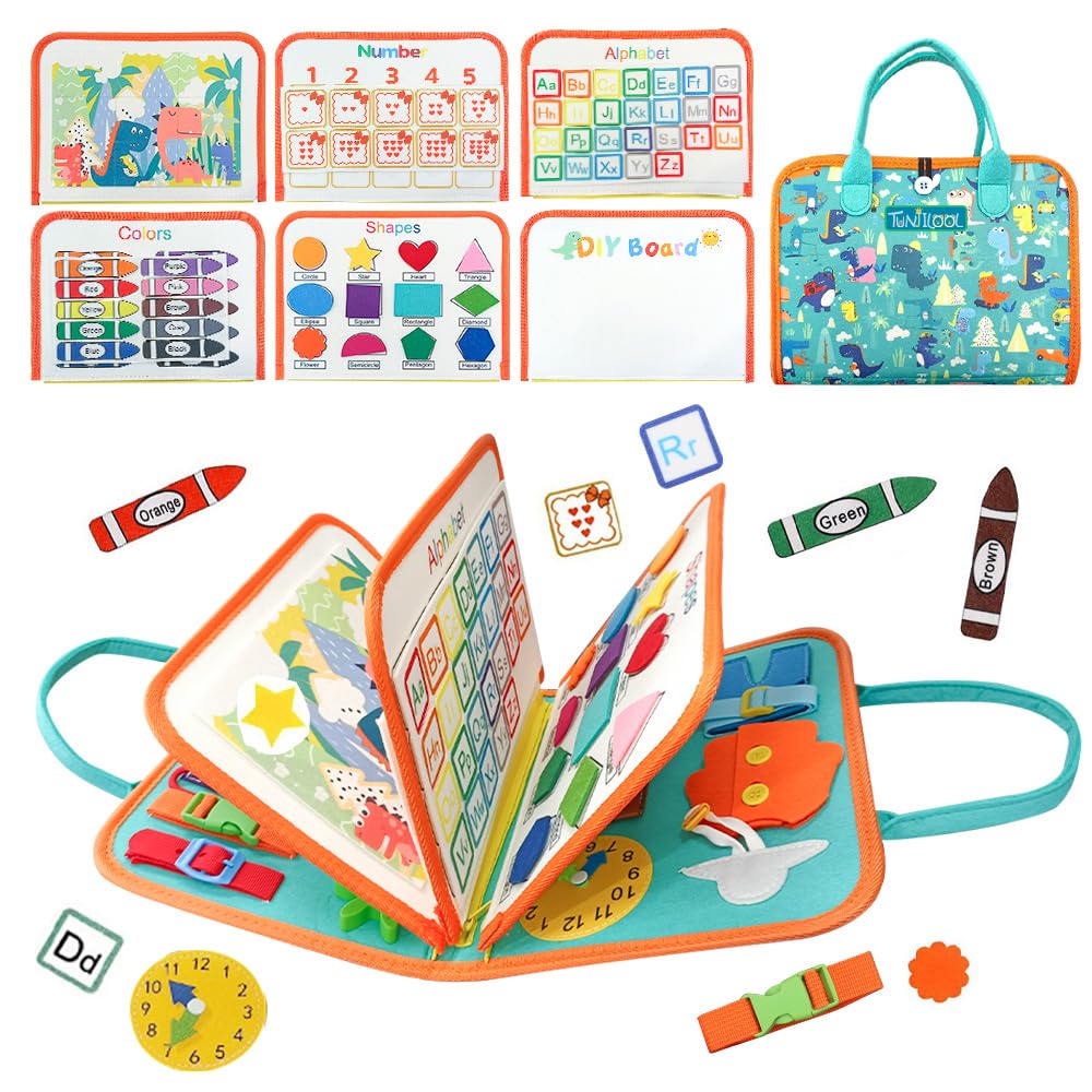 TUNJILOOL Montessori Busy Board - 8-in-1 Sensory Activity Book with Detachable Pages, Travel-Friendly Learning Toy for Fine Motor Skills &amp; Preschool Education