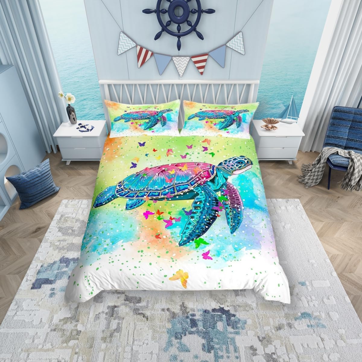 feelingyou Sea Turtle Comforter Covet Double,Watercolor Tortoise Butterfly Duvet Cover with 2 Pillowcases,Girly Dreaming Style Polyester Bedding Set for Boys Teens Bedroom Decor