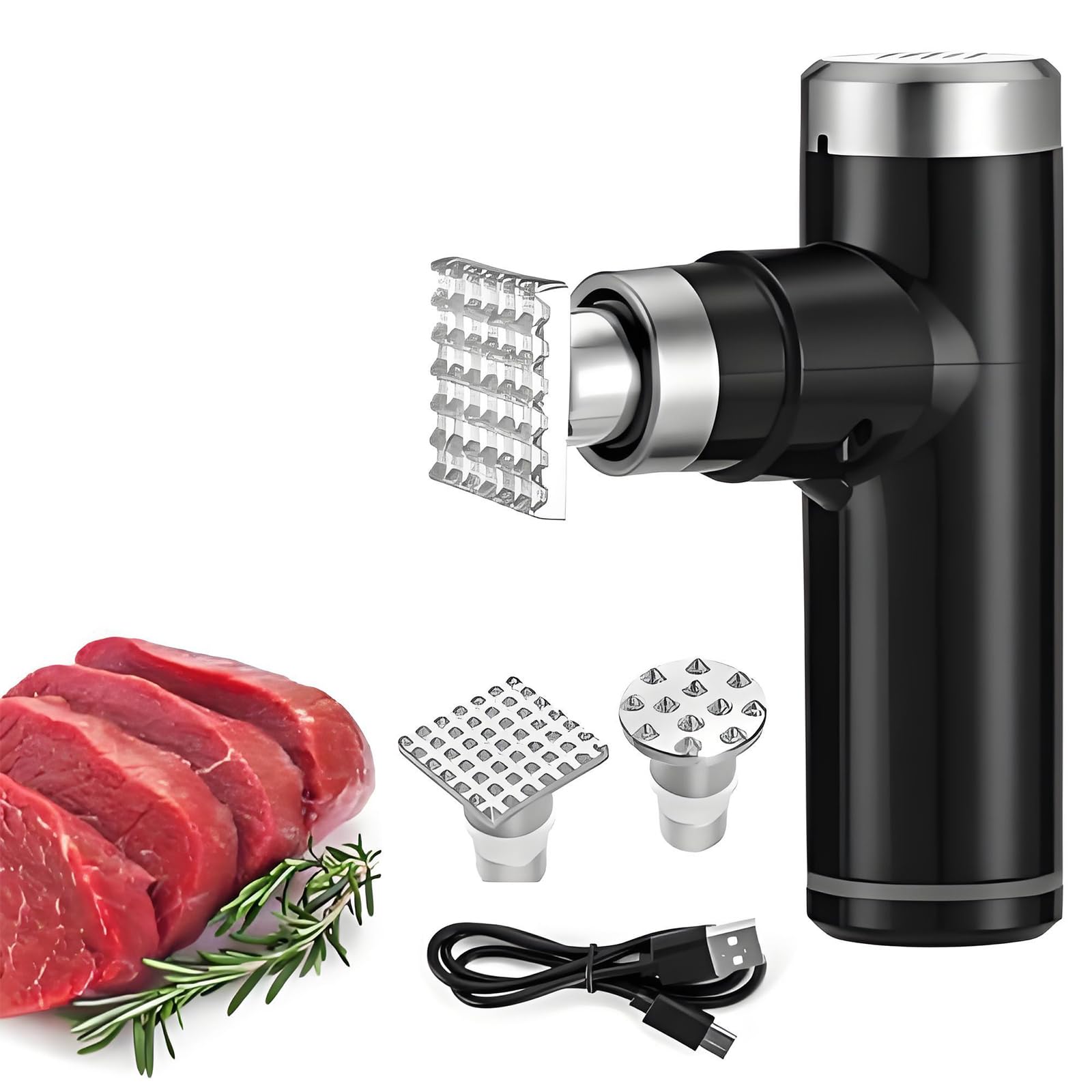 Elektrischer Fleischklopfer, 25 W, Handmaschine mit 2 abnehmbaren Hammerköpfen aus Edelstahl, 6 einstellbare Stufen für Rindfleisch, Schwarz