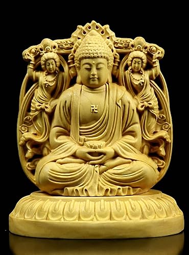 Miniatura 2 de Boj natural tallado a mano Fengshui Zodiaco Animal 8 Protector Deidad Estatua (Shakyamuni Amitabha Buda)