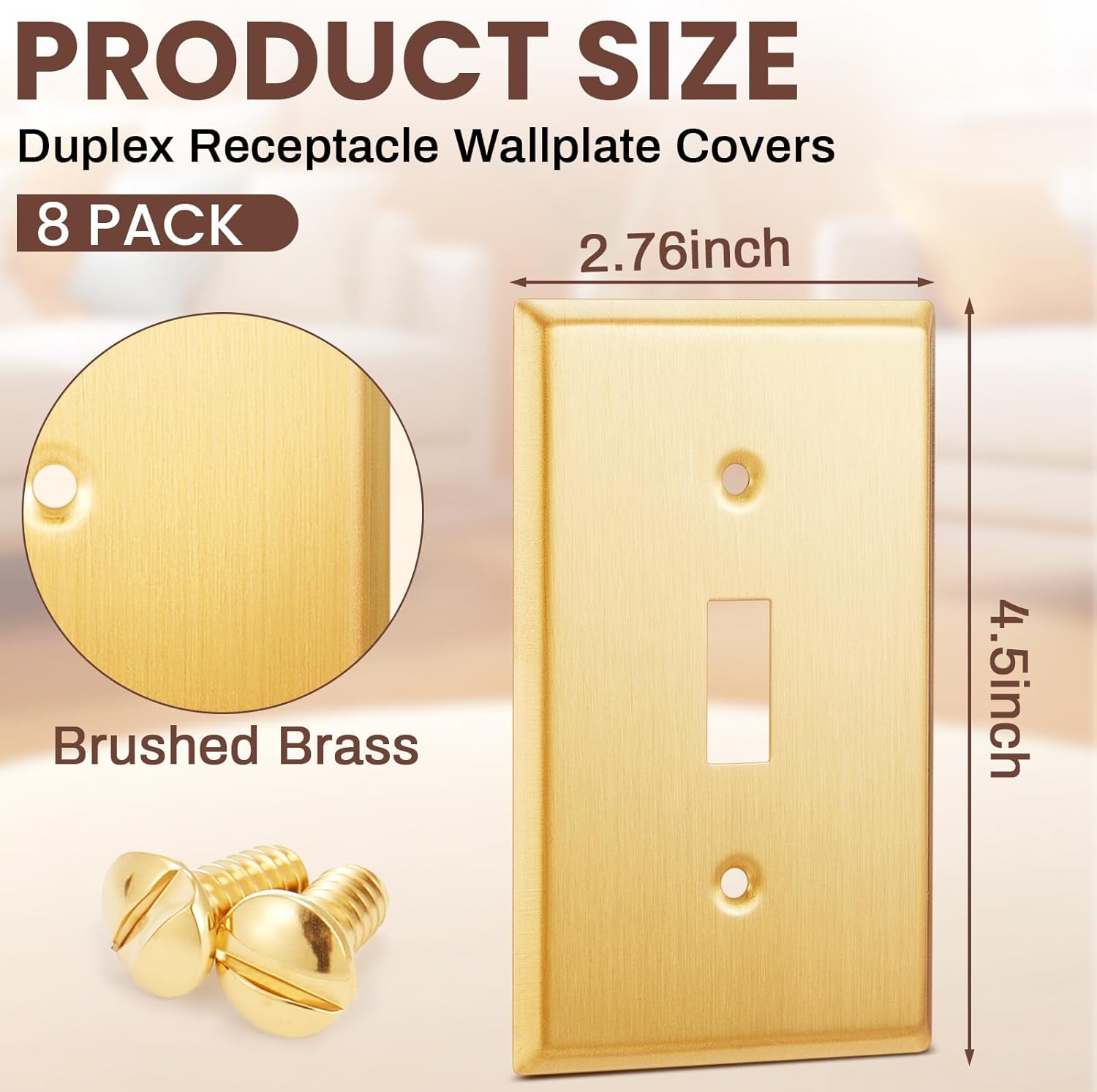 Zonon 8 Pack Gold Outlet Covers 4.50" x 2.76" Toggle Light Switch Covers Brass Metal Brushed Decorative Gold Receptacle Wallplate Corrosion Resistant,Standard Size,Brushed Brass