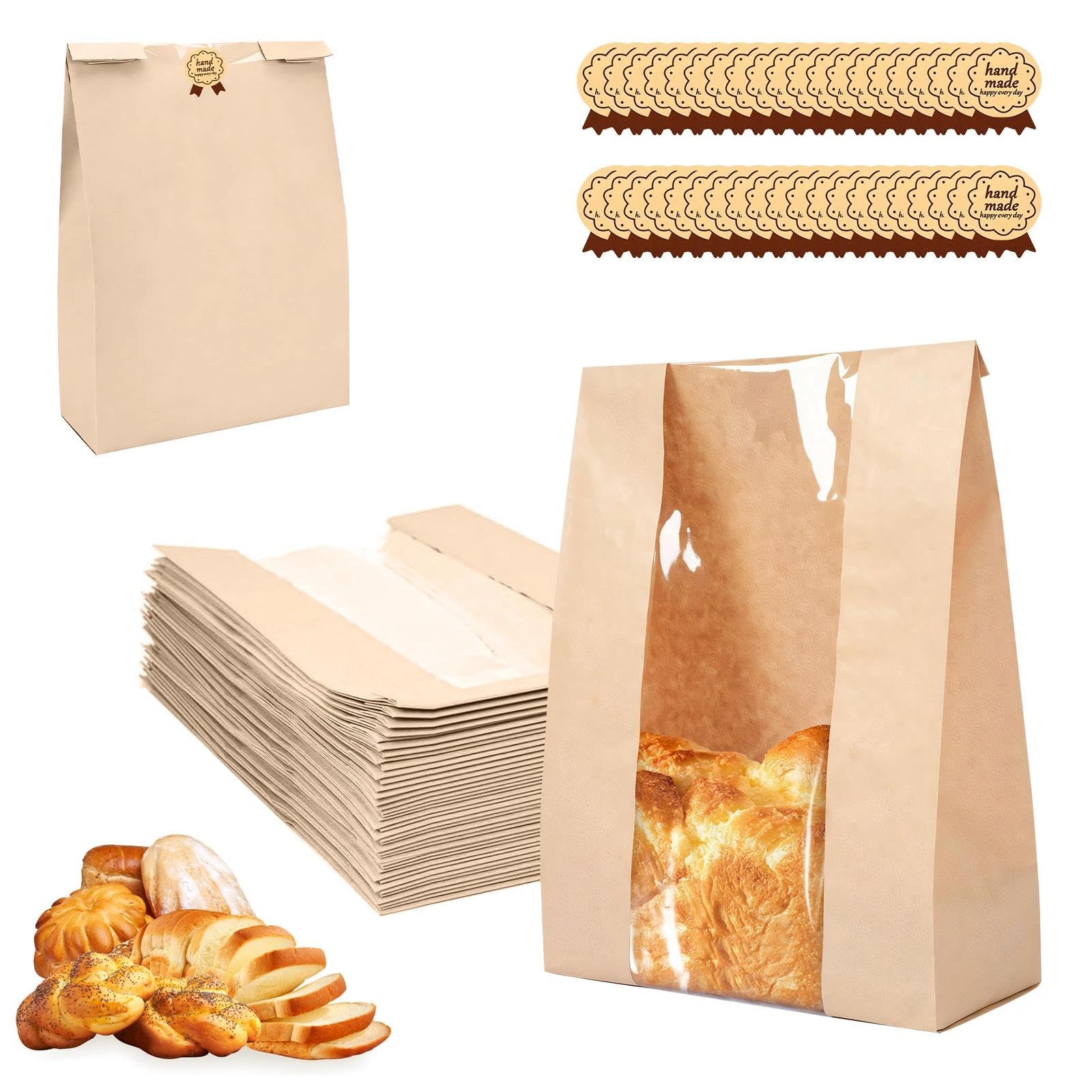 Vetin Kraft 50 Pcs Bread Bags For Homemade Bread, Greaseproof Paper Sourdough Bags With Stickers, Reusable Storage Bag For Keep Artisan Loaves, Cookies & Snacks Fresh