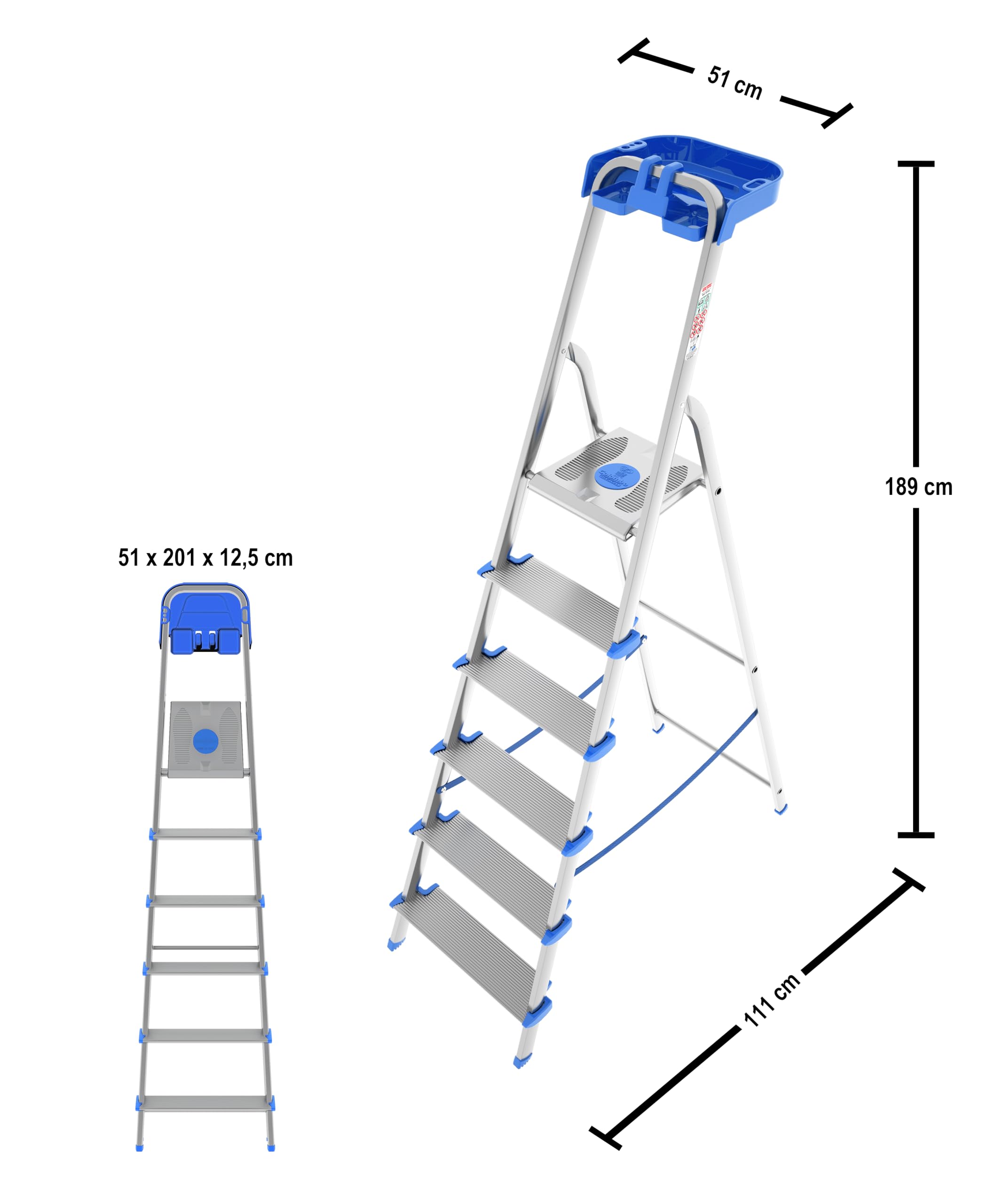 Colombo New Scal – Escalera de aluminio ovalizado 6 peldaños antideslizantes extra grandes, amplia plataforma pies antideslizantes y portaherramientas