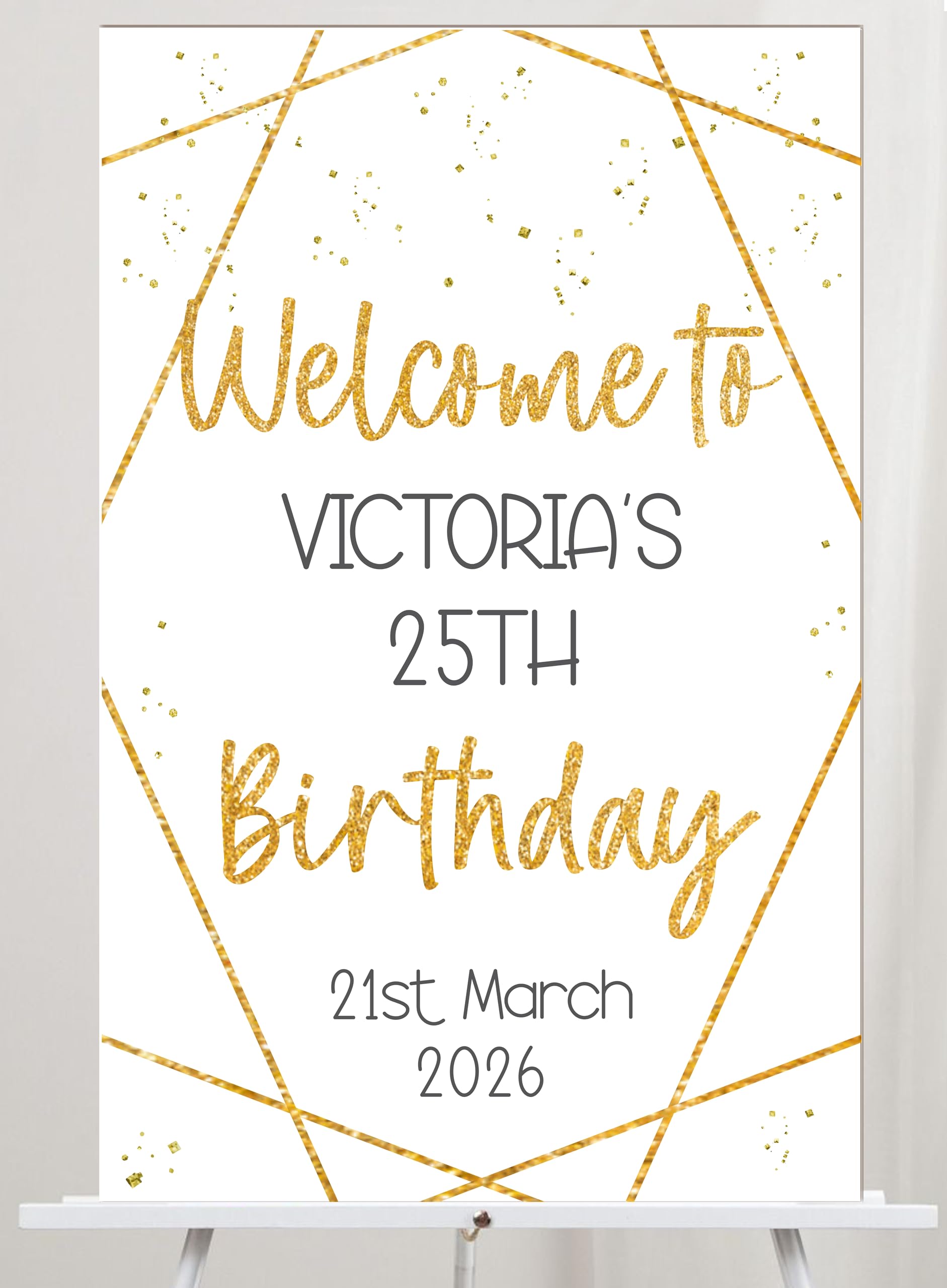 Personalised Birthday Welcome Sign – Custom Name Age & Date, Geometric Design, Colour Choices Elegant Party Decoration Keepsake Display Board
