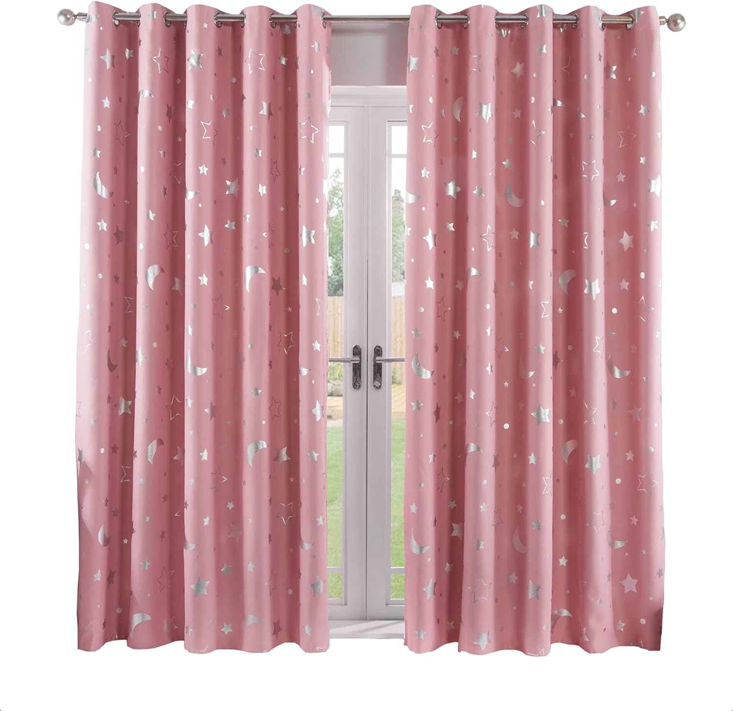 Dreamscene Galaxy Star Thermal Light Blocking Blackout Curtains Pair of Grommet 2 Panels for Kids Girls Printed Metallic Moon - Blush Pink, Width 37" x Drop 63"