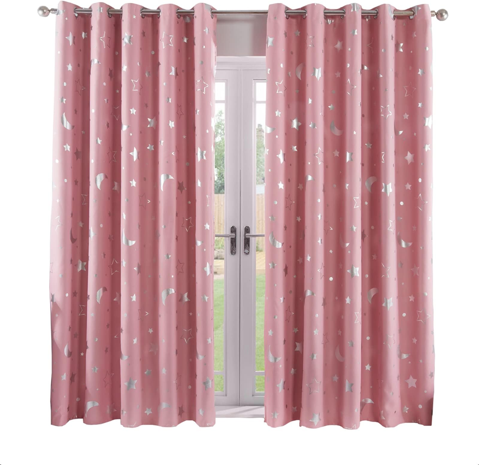 Blackout Stars Moon Curtains Pair of Grommet Top Panels Metallic Stars Moon for Kids Children - Blush Pink, Width 52" x Drop 96"