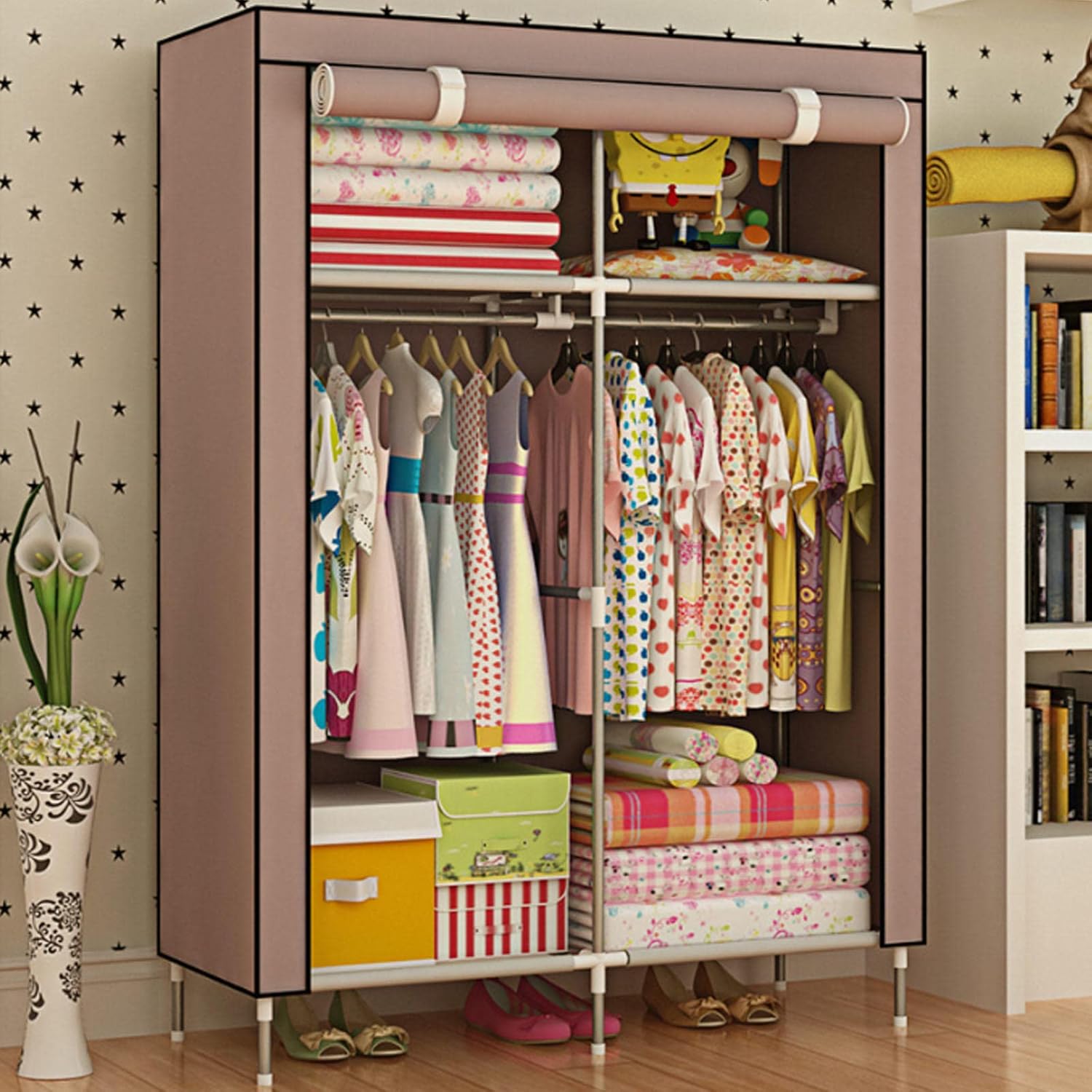 Wardrobe Portable Canvas Wardrobes with Hanging Rail, Shelves, Clothes Closet Storage Organizer for Bedroom, Living Room,Brown-90x46x168cm