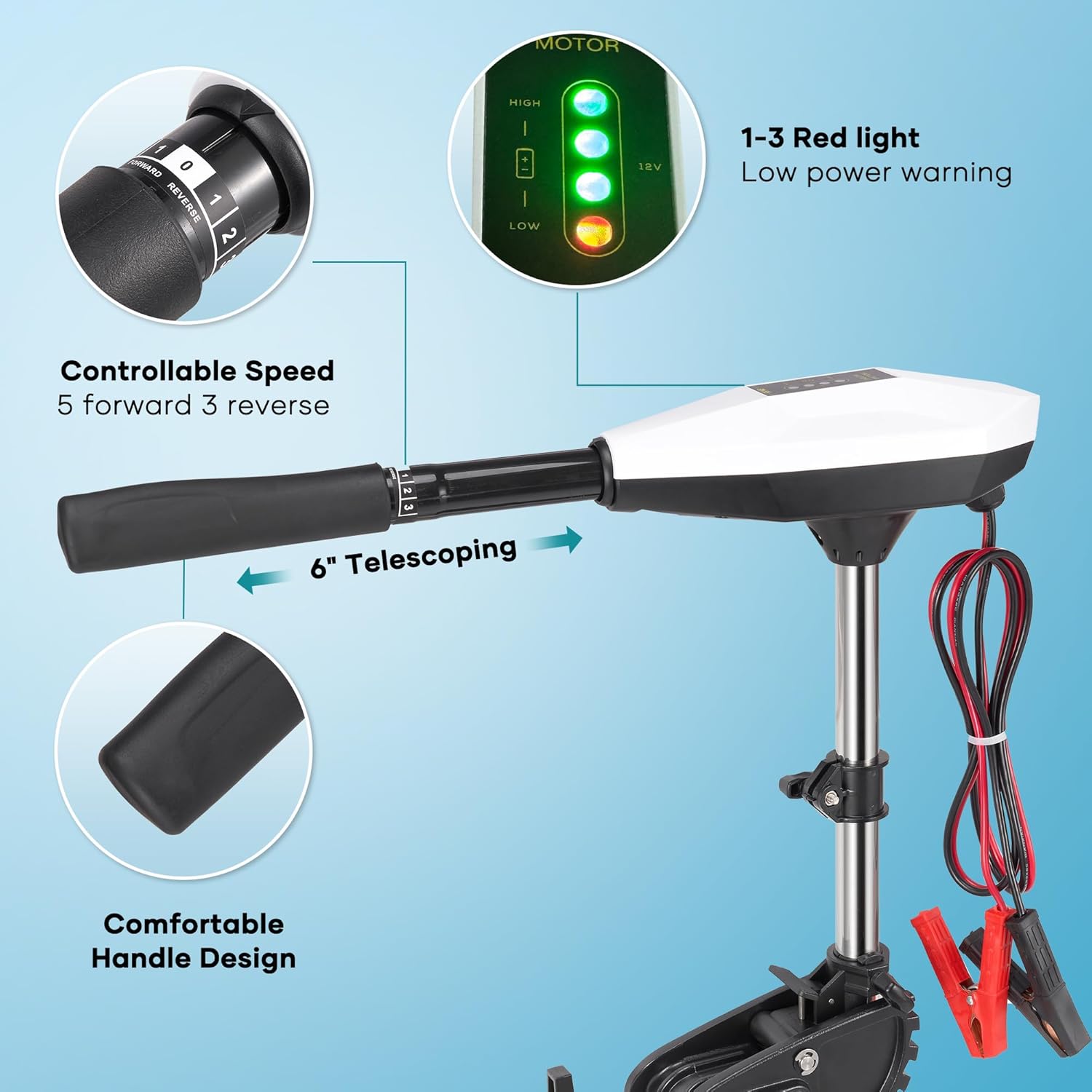 55lb Thrust Trolling Motor 8 Speed Electric Outboard Motor Kayak Motor with Adjustment 6-inch Extendable Handle, 30'' Shaft Length, LED Indicator, Transom Mounted for Kayak, Fishing Boat (White)
