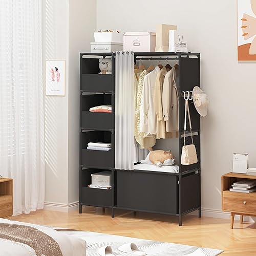 Miniatura 5 de MOYIPIN Armario portátil, armario independiente con barra para colgar y cortina, organizador de almacenamiento de ropa, para guardarropa,