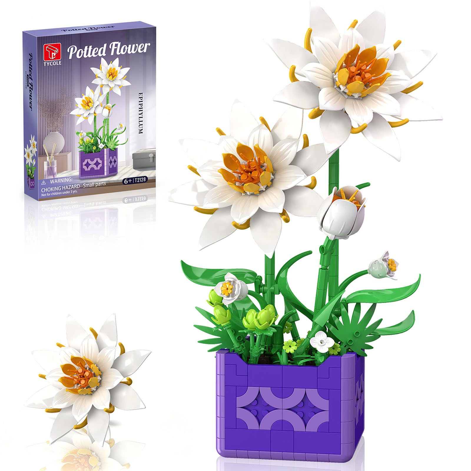 TYCOLE Botanical Epiphyllum Giocattolo in Vaso, Set di Costruzioni con Fiori Bianchi e Foglie Verdi, Te per Casa e Ufficio, Regali di Compleanno e Festività per Adulti e Bambini 6-12 (585 Pezzi)