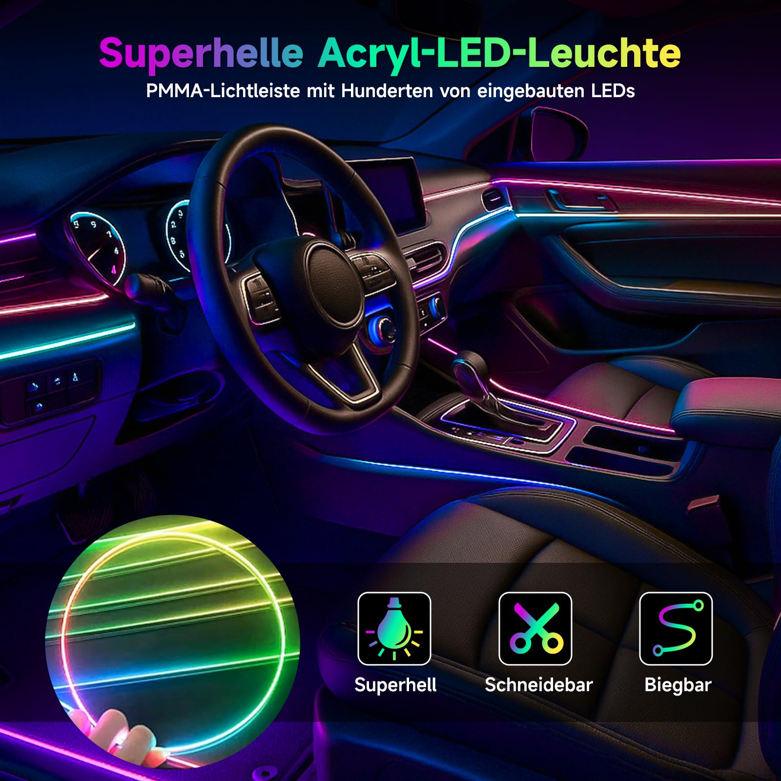 Acryl 6 IN 1 Auto Ambientebeleuchtung, RGB LED Auto Innenbeleuchtung Strip Lights 445cm 584 LEDs Innenbeleuchtung Streifen mit 16 Millionen Farben, 240＋Dynamische, App+Fernbedie