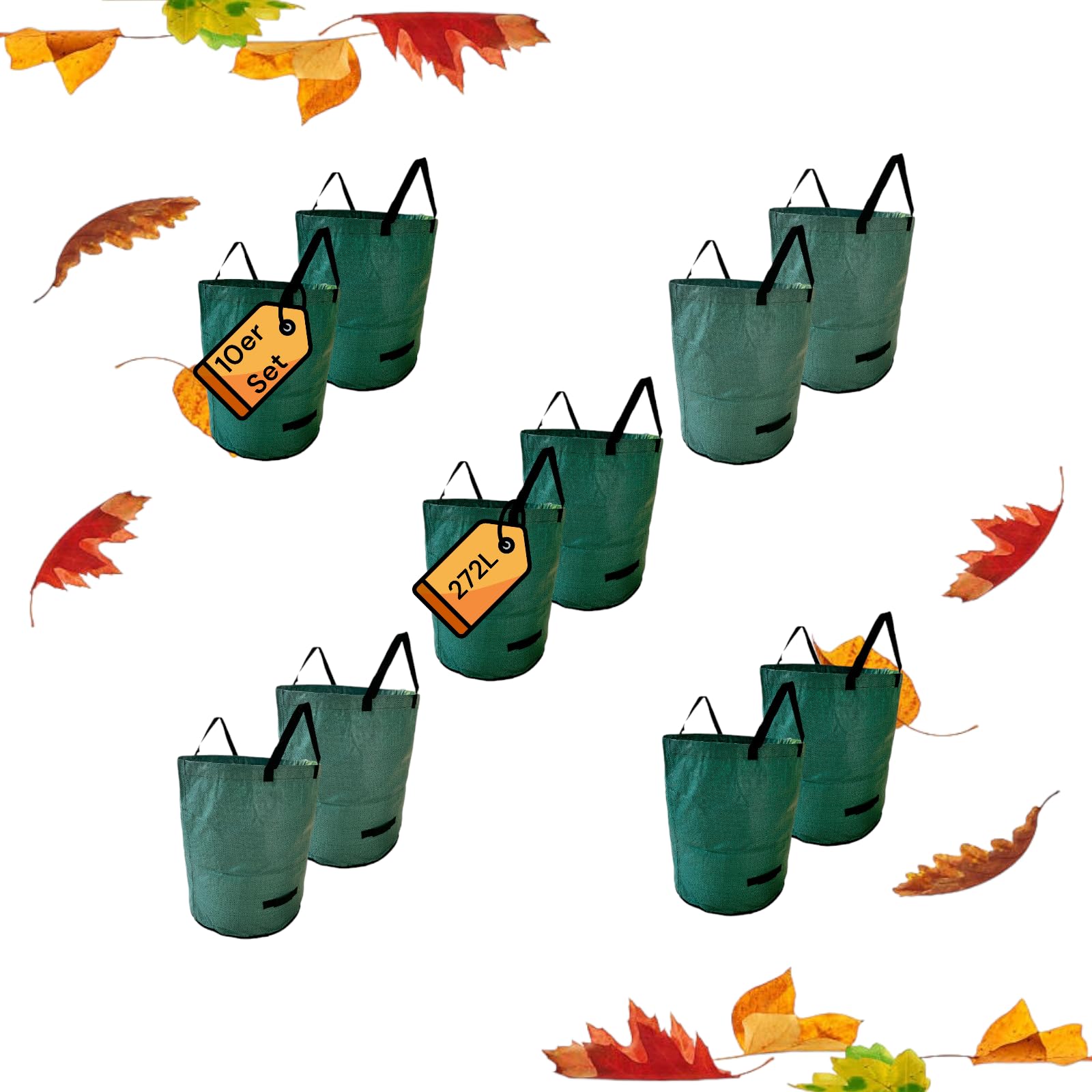 10er Set 272l selbststehender Gartenabfallsack Laubsack Gartensack für Rasenschnitt Laub Gartenabfälle - großes Volumen, faltbar