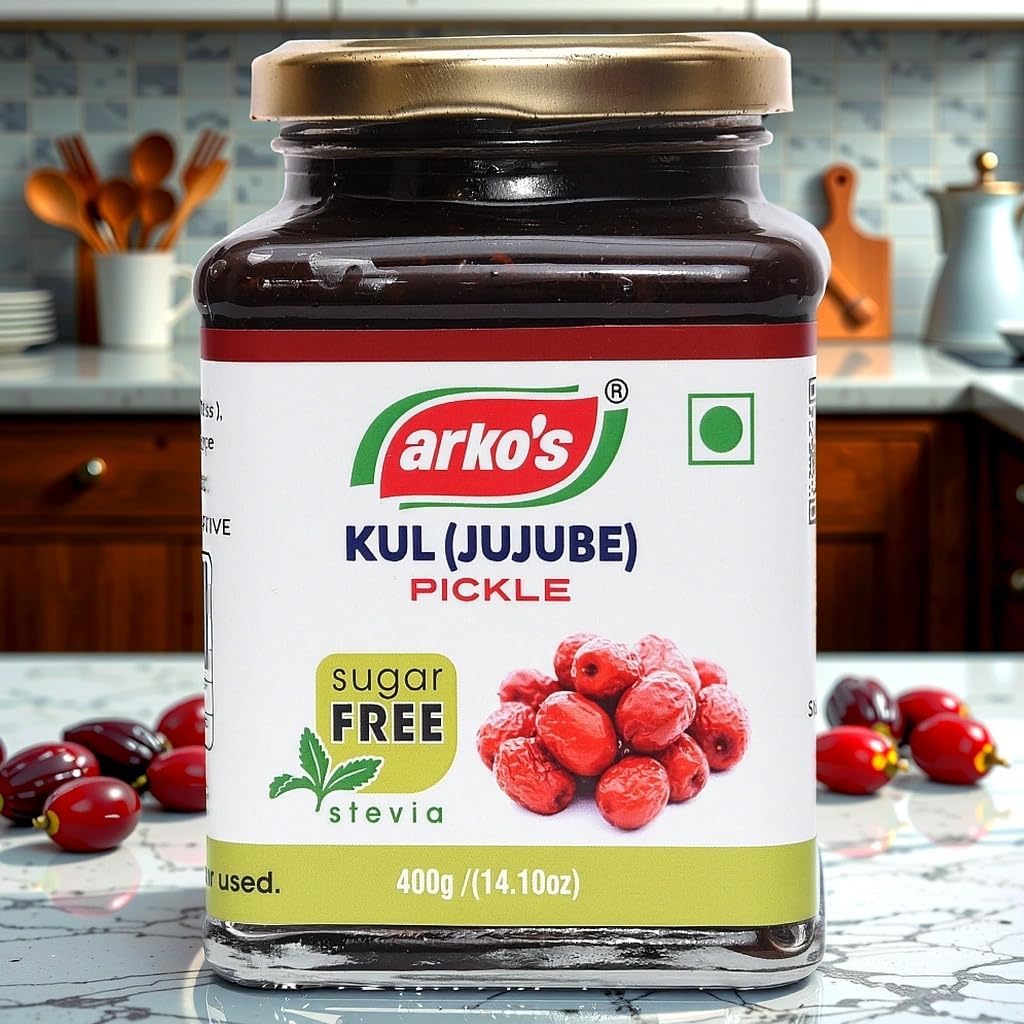 Homemade Sugar Free Kul Pickle 400gm with 100% natural ingredients,Indian Traditional Bengali Hot,Tangy,Sour & Spicy Kuler achaar, Ber ka Achar, Jujube Pickle, Oil Free,Kul (Ber, Jujube, Regi Pandu) achar.Perfect for Rice, Roti,Paratha,Ready to use Use stevia instead of Sugar