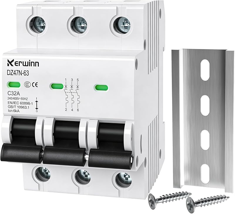 3 Pole Miniature Circuit Breaker,240V/480V AC Circuit Breaker, 32Amp Thermal Magnetic Trip Smart Circuit Breaker AC Disconnect Switch DIN Rail Mount (32A)