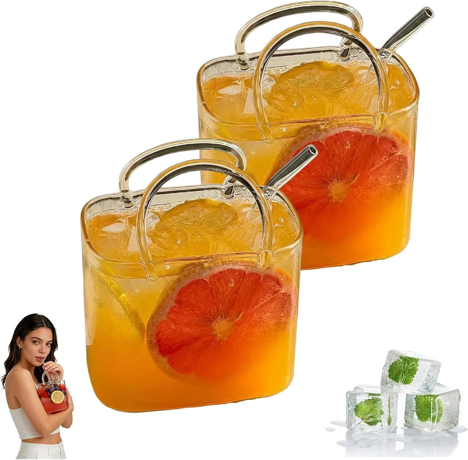 Glass Purse for Drinks with Straw, 26oz Handbag Shaped Wine Glass Cup, Cute Transparent Purse Drinking Glass for Juice, Cocktails, Tea, Vase Decor (White 2pcs)