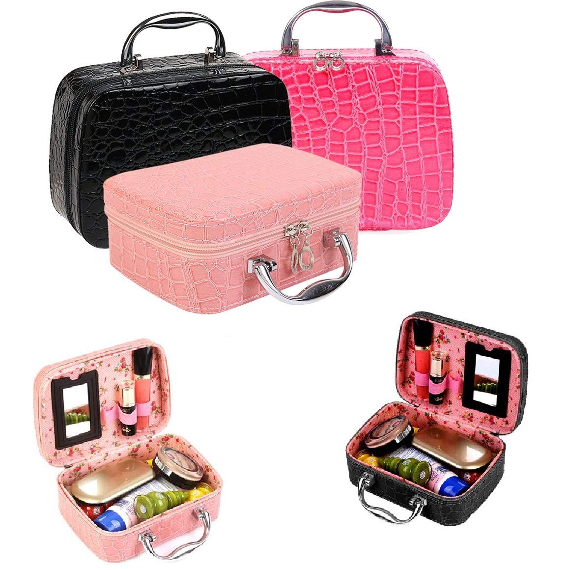 ERHETUS Latest Stylish Makeup Bag for Women | Jewellery Organizer & Cosmetic Storage Box | 20 x 13 x 7 cm Toiletry Bags with Compact Magnifying Mirror for Travel - Black