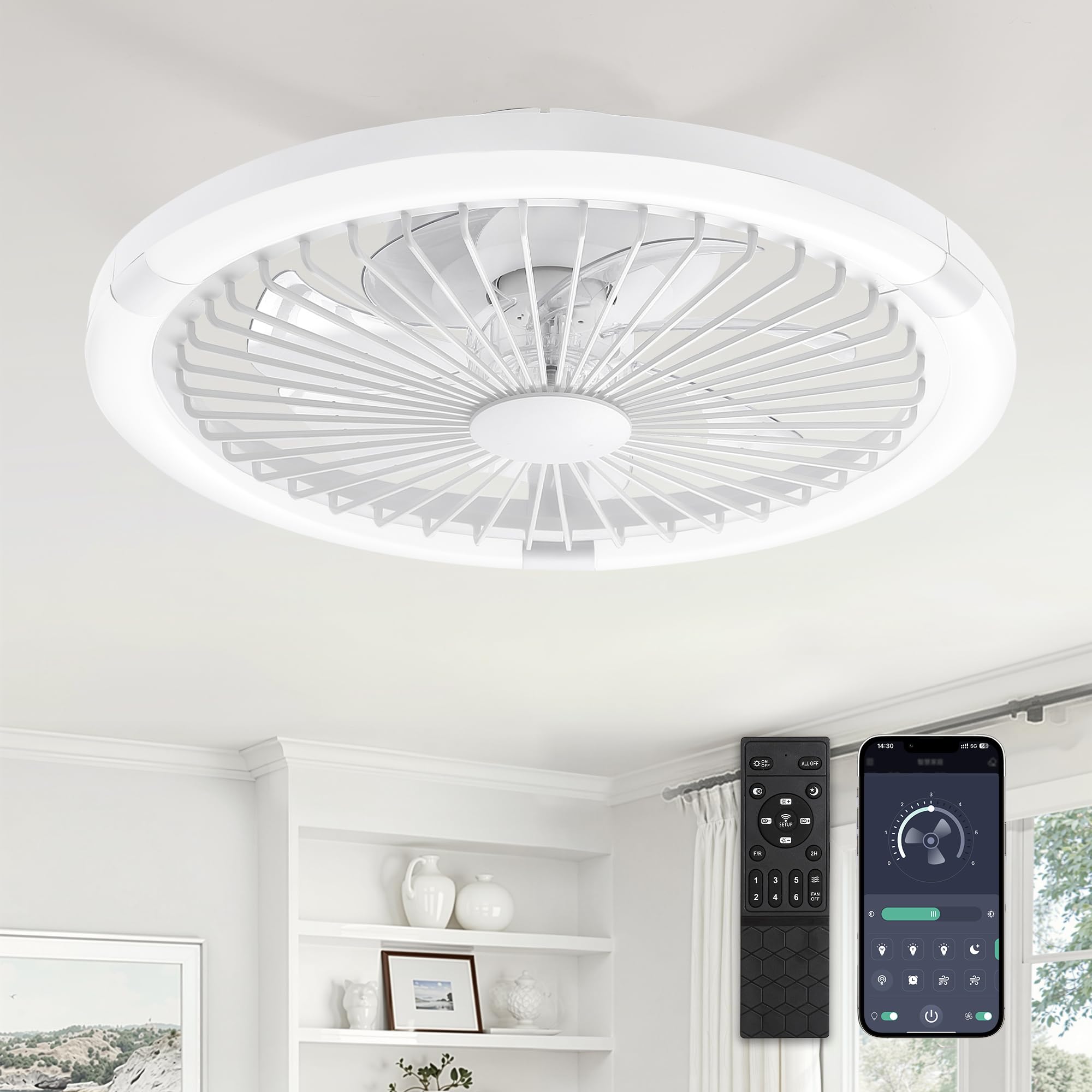 ZMISHIBO Ventilador Techo con Luz, Ø50cm lampara ventilador techo dormitorio, 50W 3 Modos de Color con luz, 6 Velocidades,Control APP y Mando, Función Memoria, Brillo 10%-100%,Silencioso,Blanco