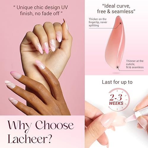 Miniatura 6 de Lacheer - Uñas postizas a presión color rosa claro, almendra media, uñas cortas de verano y primavera, uñas postizas con diseño de remolino, uñas