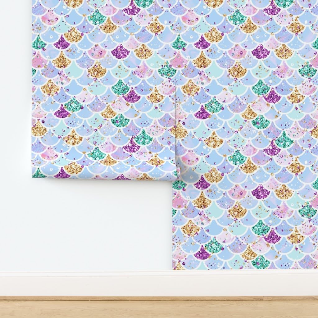 Peel & Stick Wallpaper 3ft x 2ft - Mermaid Scales Aqua Custom Removable Wallpaper by Spoonflower