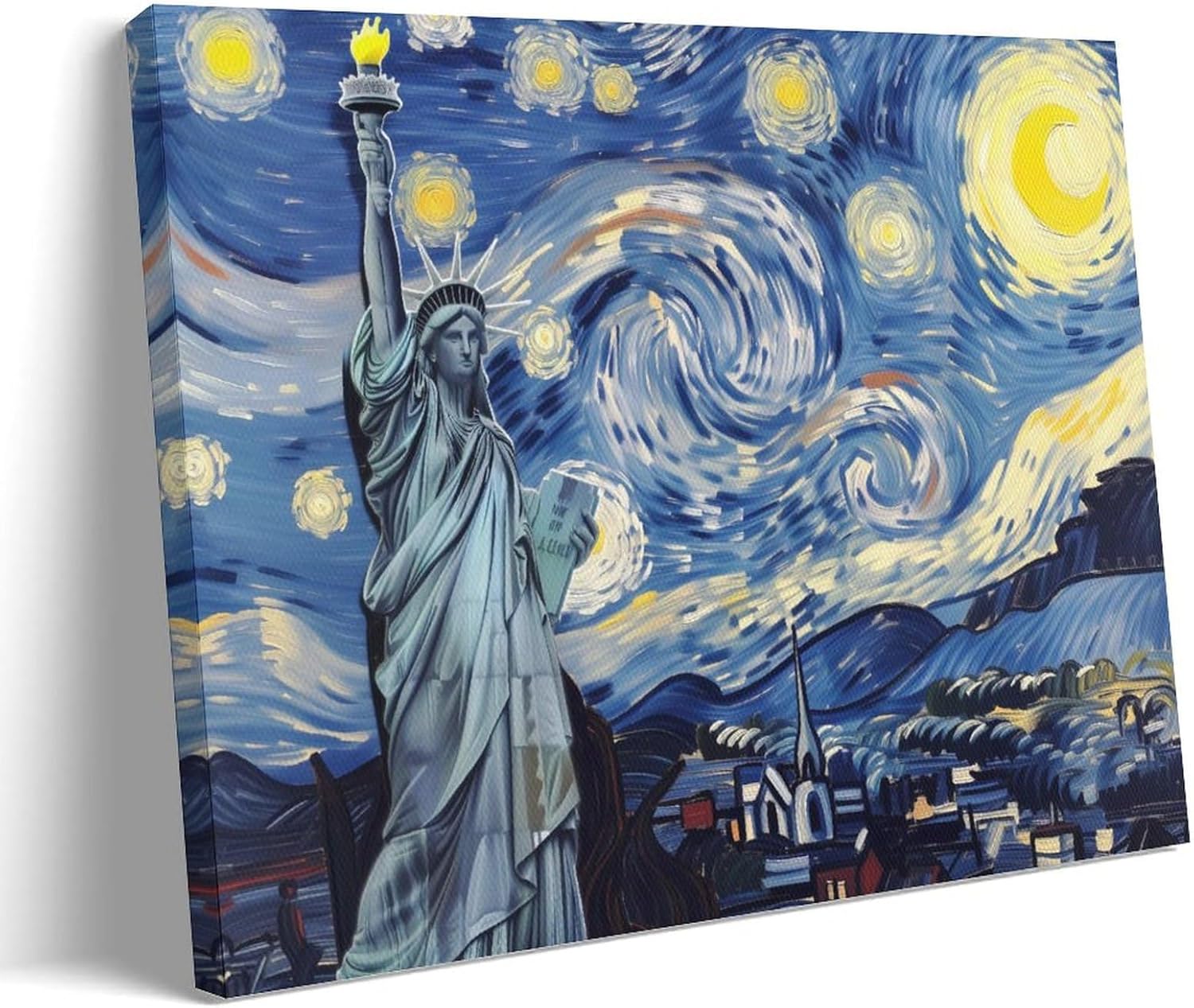 The Statue of Liberty Starry Night Canvas Painting Wall Art New York Skyline Freedom Poster Print Artwork Picture for Bedroom Room Decor 16x24inch(40x60cm) Frame-1-1