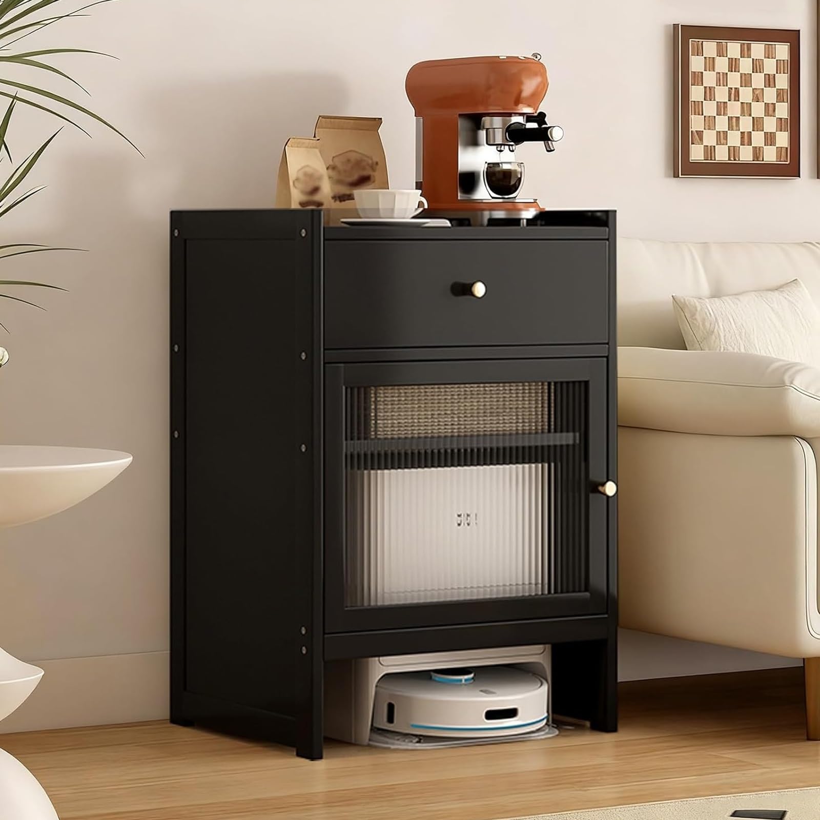 Support robotique sous vide bambou table d'appoint cachée salon noir