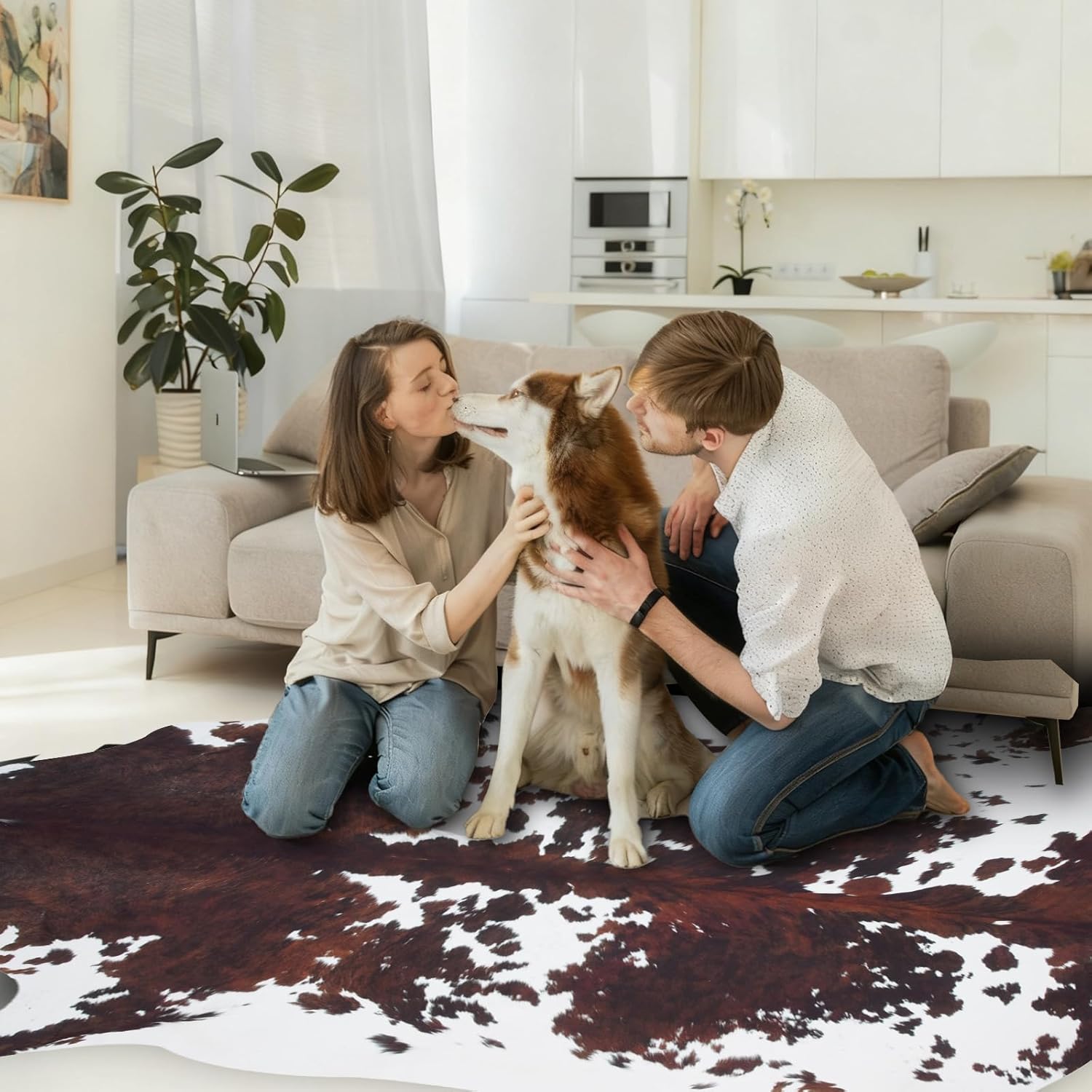 Faux Cowhide Rug Cow Print Rug 6.2x7.6 Feet Cow Hide Rugs for Living Room Bedroom Dining Room Home Office Brown Animal Print Carpet for Home Decor