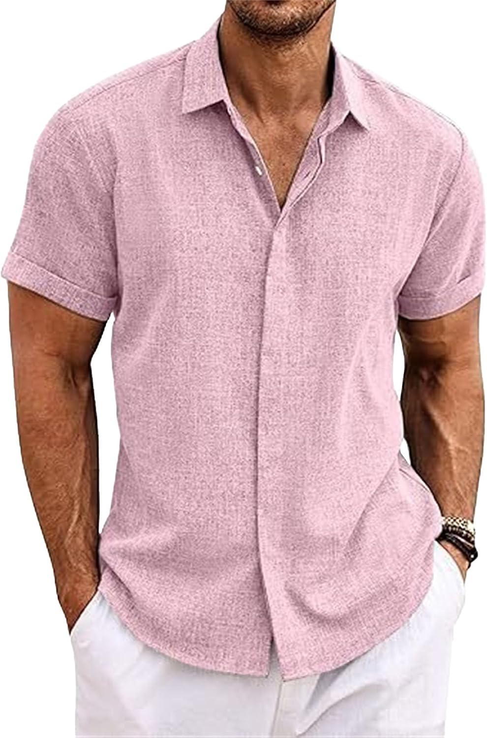 Mens Short Sleeve Linen Shirts Casual Button-Down Shirt Lightweight Summer Tops