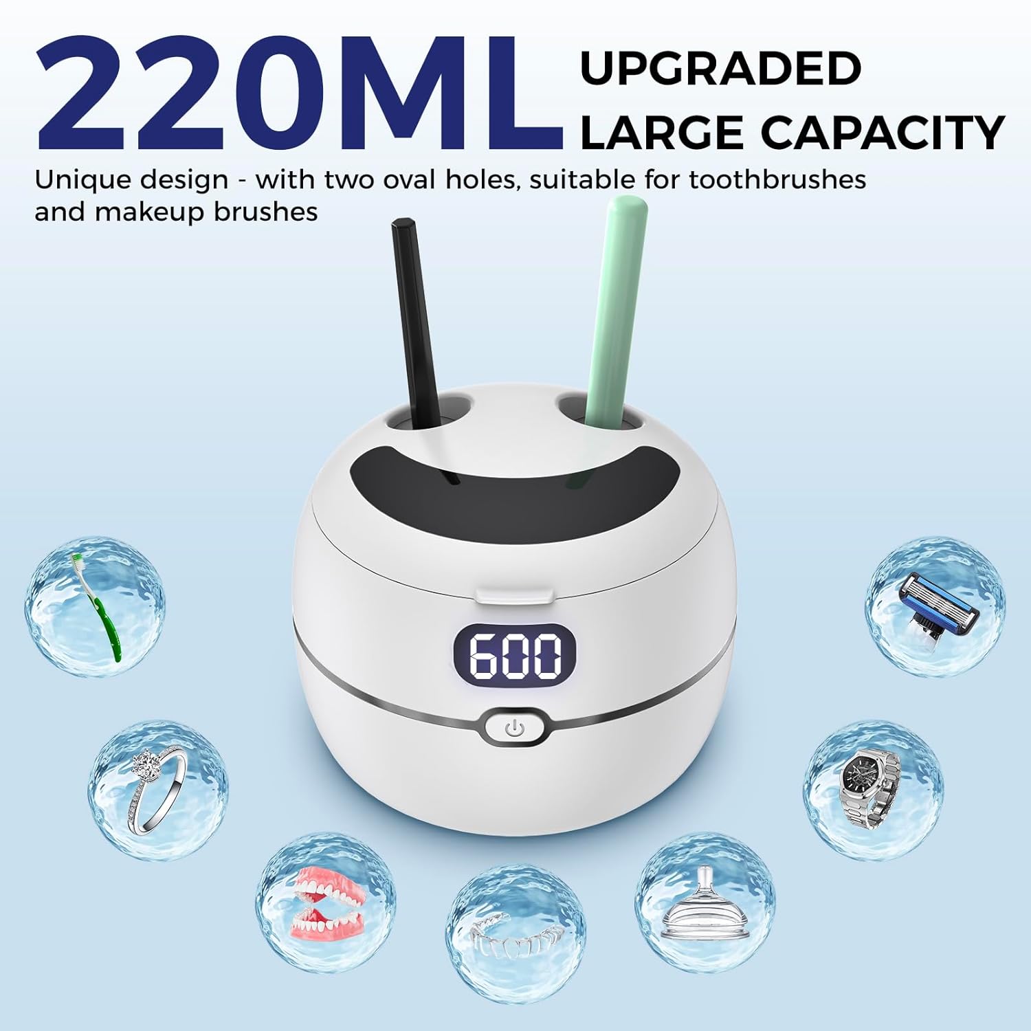Ultrasonic Retainer Cleaner Machine for Dentures, Mouth Guards, Braces, Toothbrush Heads, Jewelry, 220ML Capacity Ultrasonic Cleaner with Digital Timer&UV, 2 Modes for All Dental Appliances, White