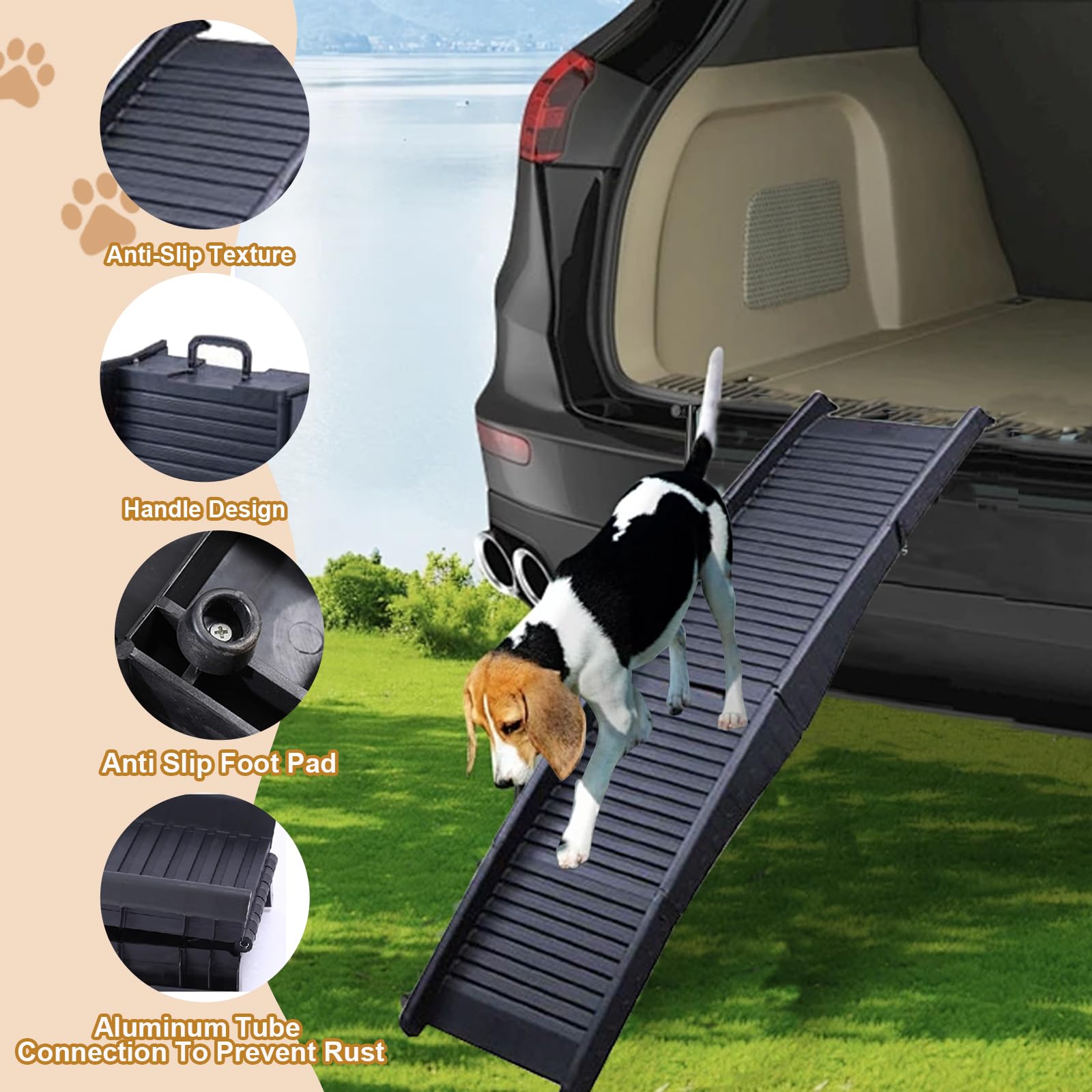 Rampes pliables pour chiens 152 cm, rampe portable avec poignée, surface antidérapante, pour animaux jusqu'à 75 kg, pour voiture SUV camion