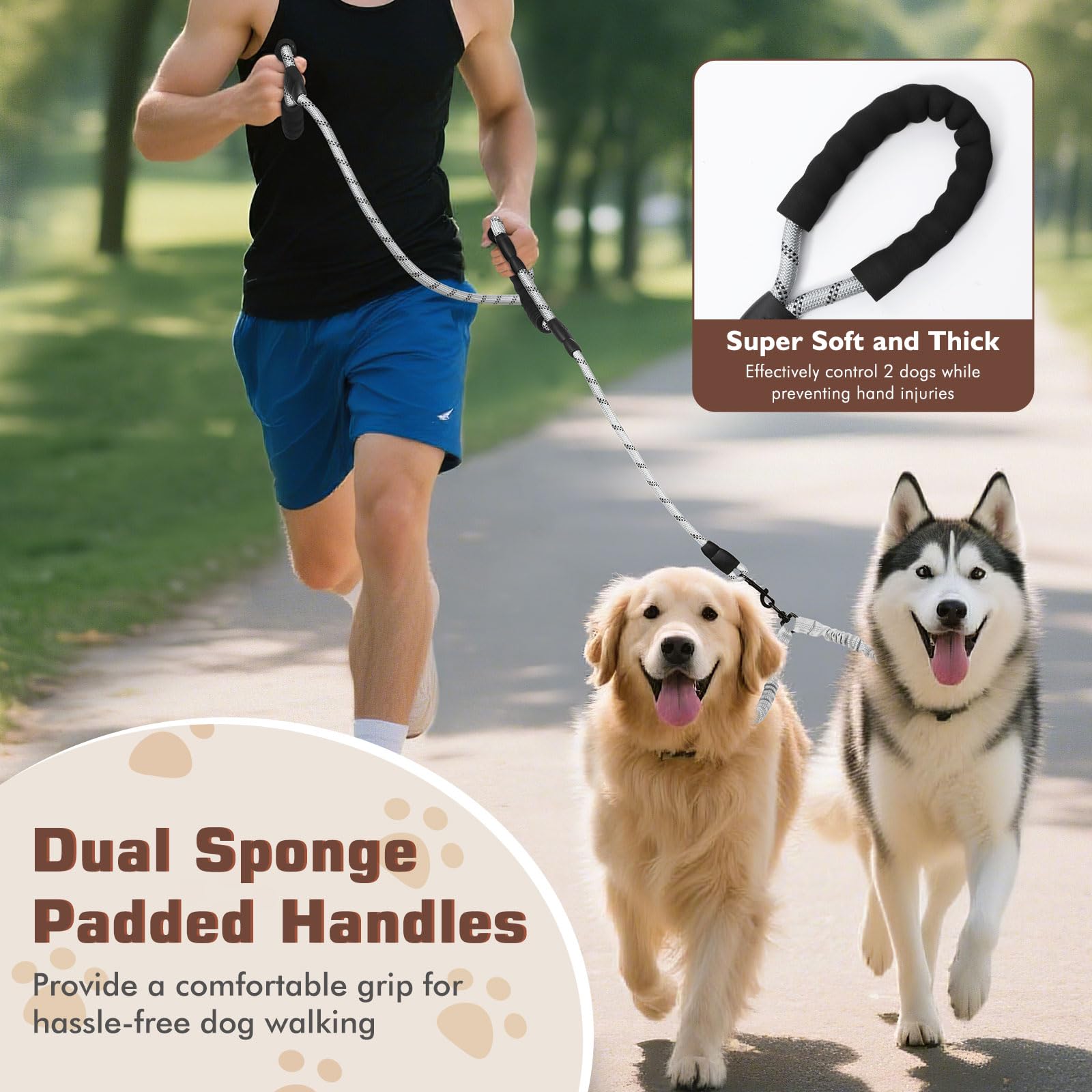 Tivray Double Dog Leash, Dual Dog Leash, 360° Swivel No Tangle Lead for 2 Medium or Large Breeds with Sponge Padded Handles - Image 4