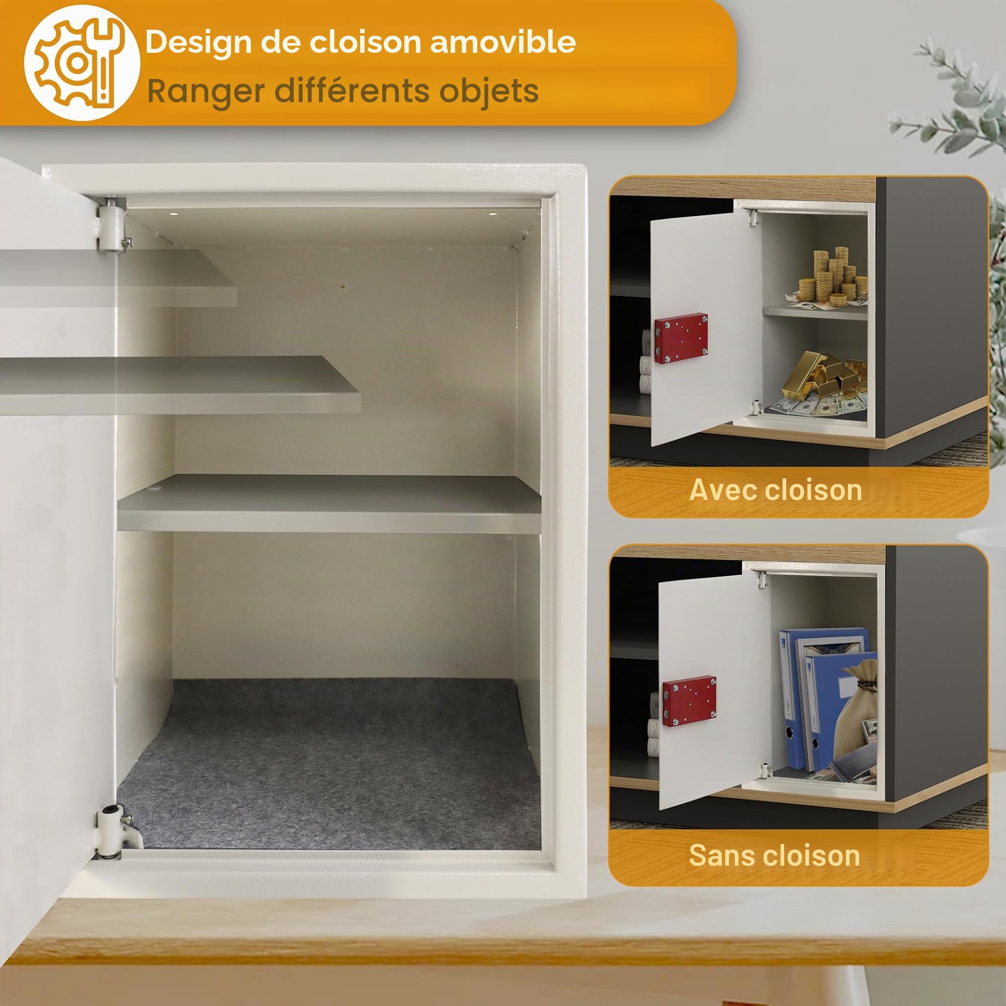 HENGMEI Coffre-fort pour meubles avec serrure à double barbe, suspendue, 2 clés, pour caravane, placards, bureau, XL, 35 x 31 x 50 cm (argent)