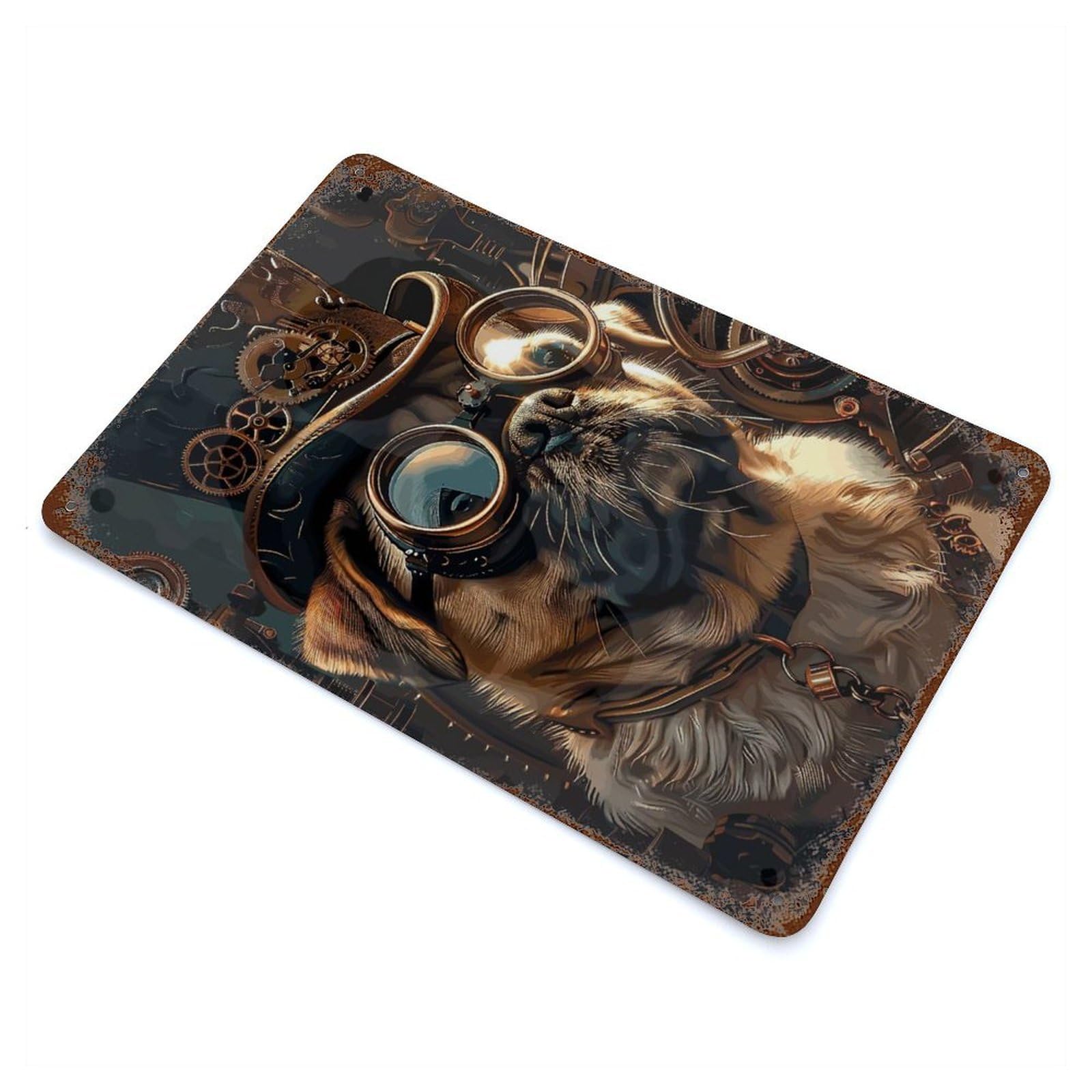 Rusty Metal Tin Sign Steampunk Pug Dog 11.8"x7.9", Industrial Home Decor for Patio, Garden Room And Bar Decor