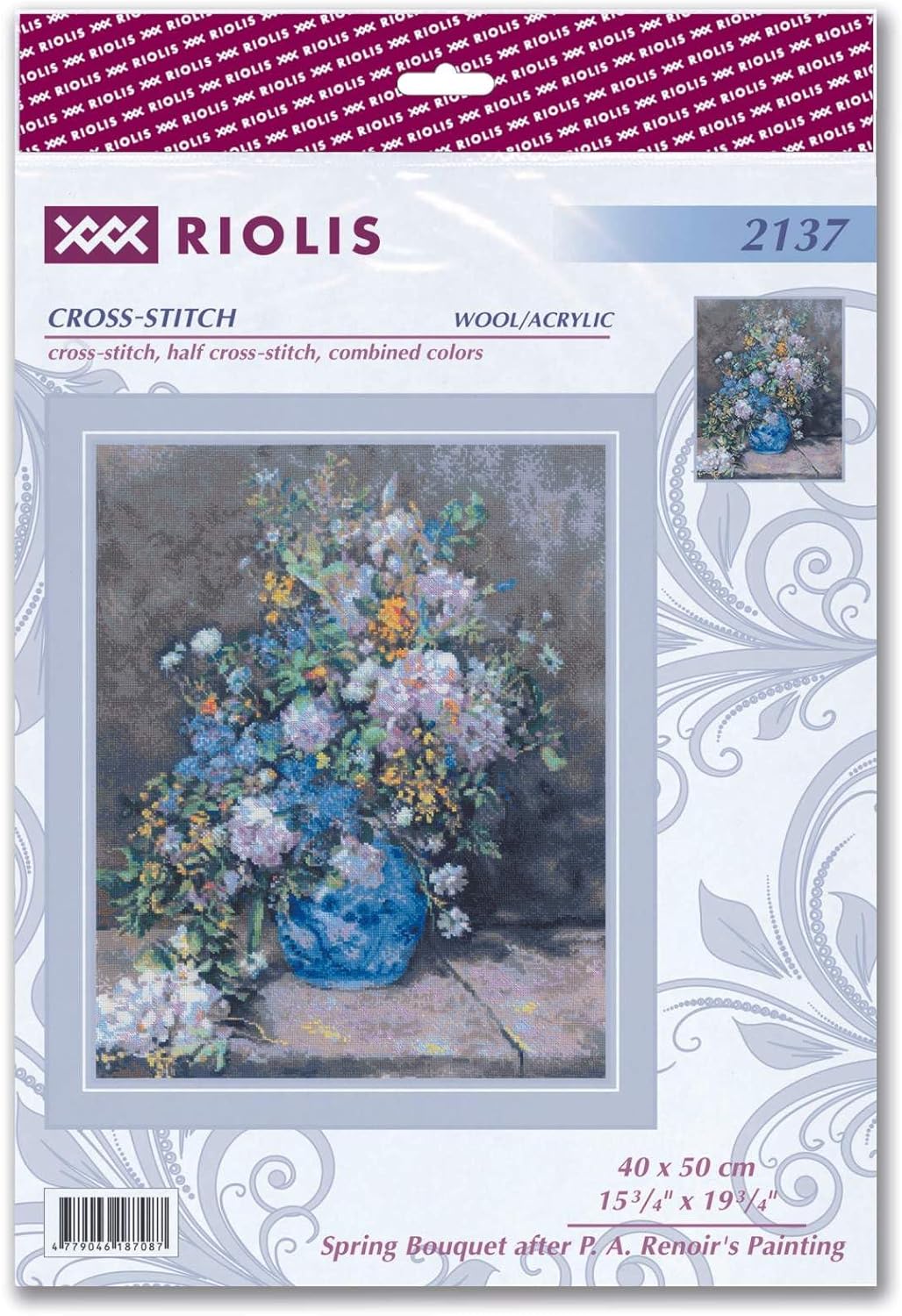 RIOLIS - Spring Bouquet According to P.A.Renoir 2137, Cross Stitch Kits 15¾" x 19¾", Cross Stitch Kits for Adults, Floral Counted Cross Stitch Kits, Embroidery Kit for Beginners & Advanced