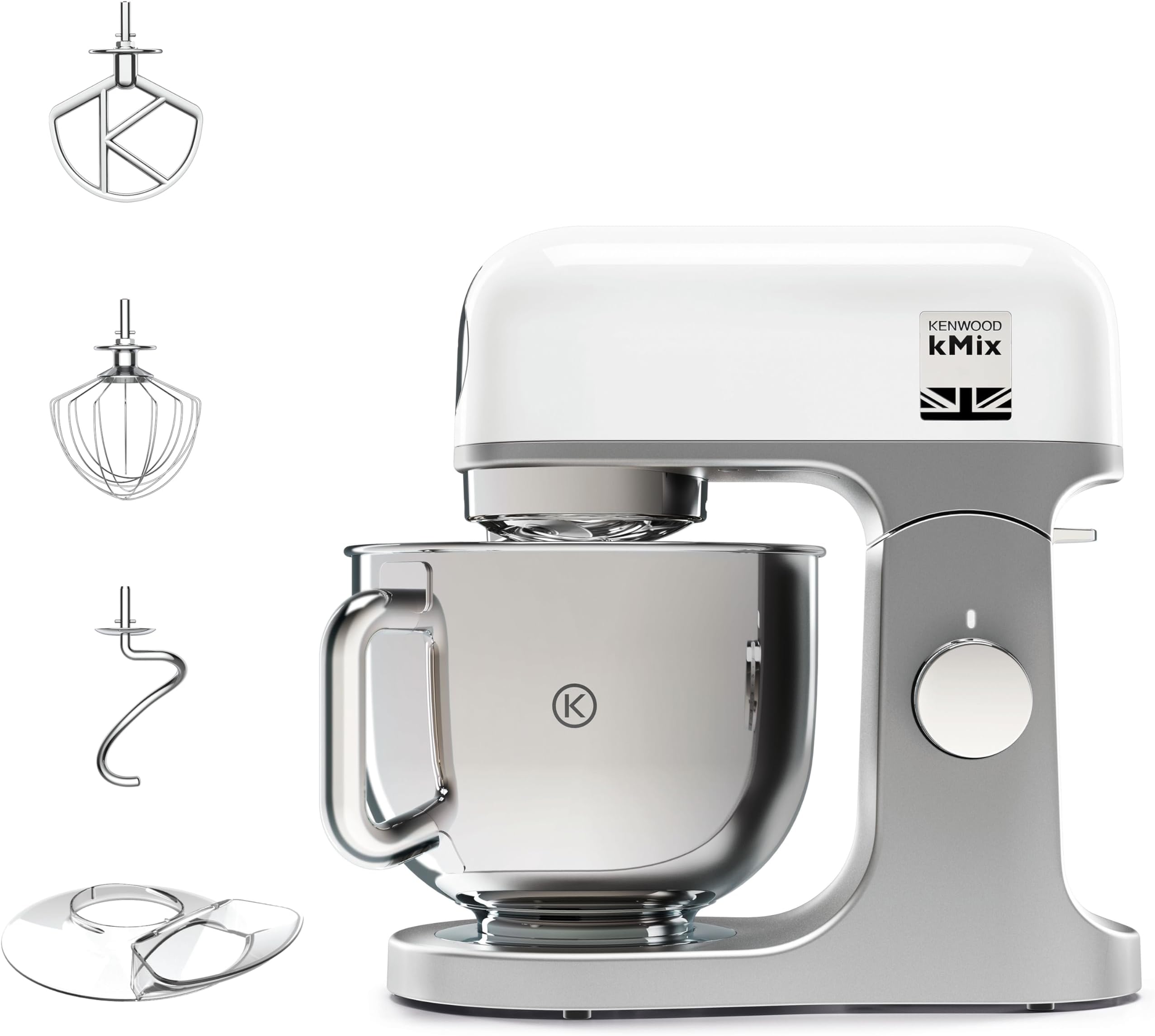 KENWOOD Stand Mixer PREMIUM Kitchen Machine kMix 1000W with 5L Stainless Steel Bowl, K-Beater, Whisk, Dough Hook, Splashguard, Spatula, Unique Fold Function, Smart Speed Control KMX750WH White
