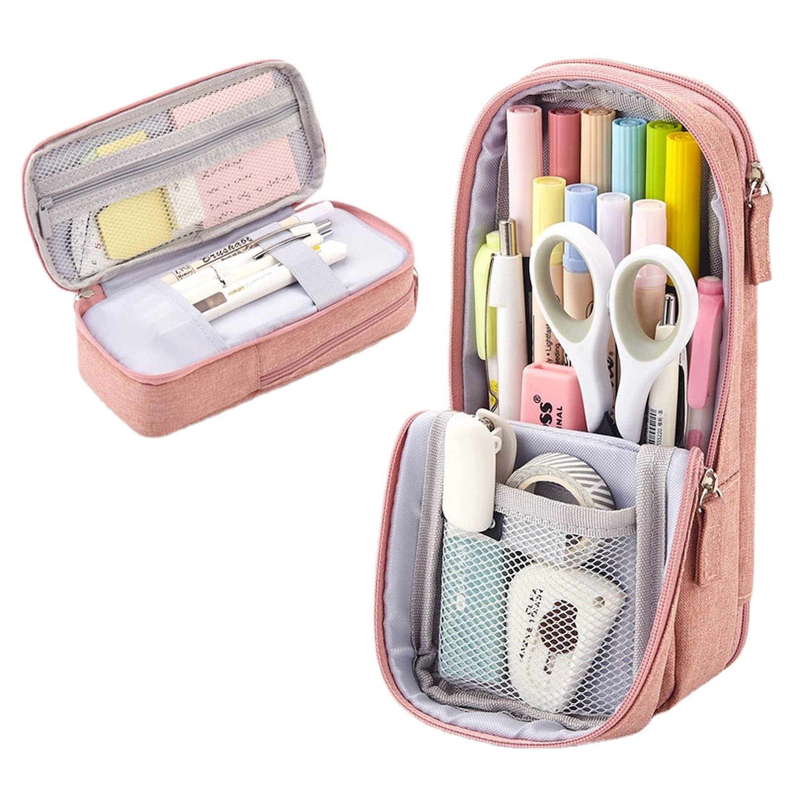 Big Capacity Pencil Case Standing Pen Holder Large Storage Stationery Case Cute Pencil Pouch Bag School College Office Organizer Back to School Supplies for Kids Boys Girls Teens (Pink)