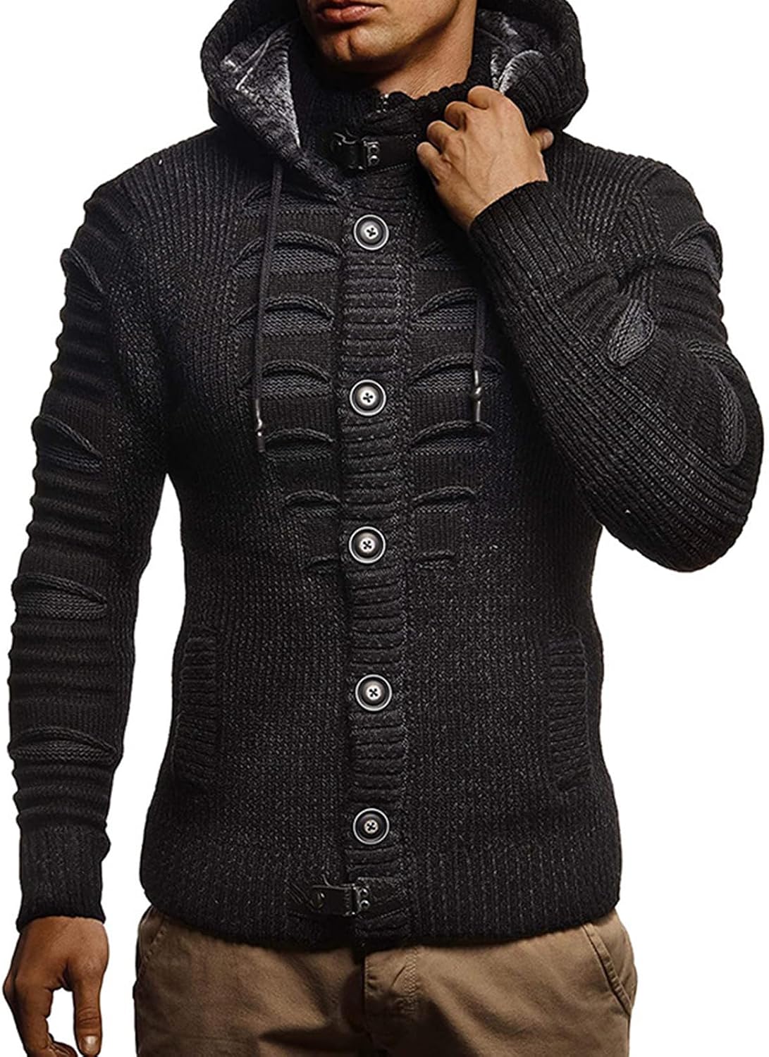 Men's Chunky Button Mid-Length Knitted Cardigan Sweater Attached Hood, M-3XL