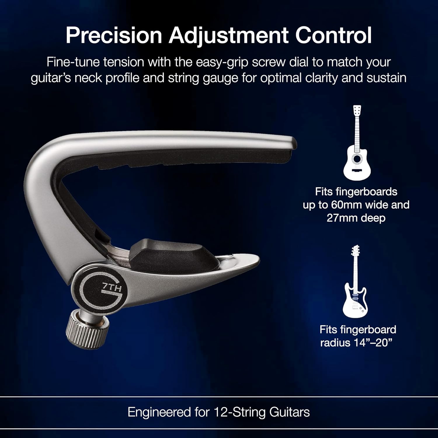 G7th Newport 12 String Silver Guitar Capo - Groundbreaking Compensated String Pad & Adjustable Tension - Capo for 12 String Acoustic and Electric Guitar - UK Designed