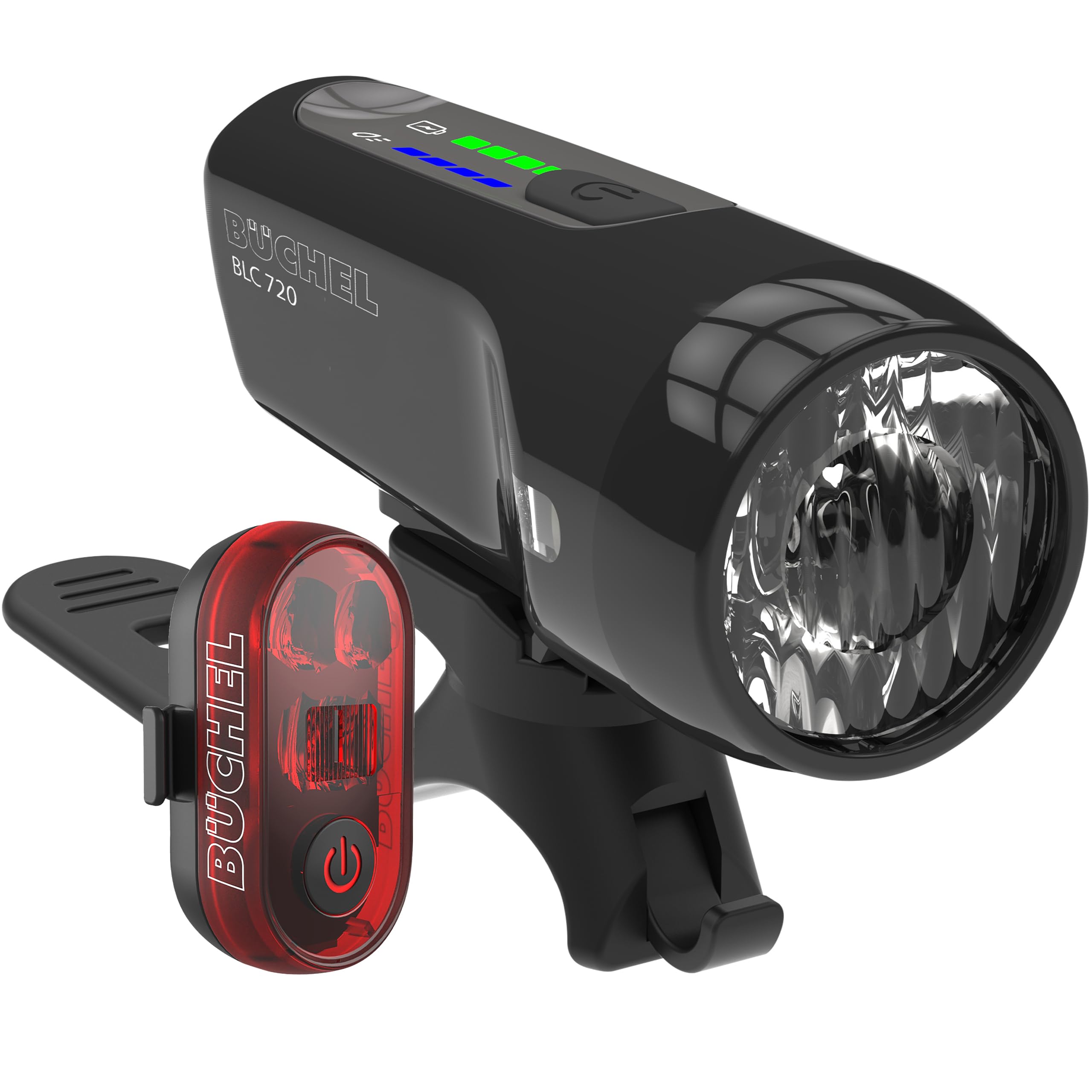 Büchel BLC 720 Bicycle Light Set I 70/30/15 Lux I StVZO Approved with up to 14 Hours Battery Life I Rechargeable Bicycle Light LED for Front + Rear I Rear Light Bicycle Light Front I Micro USB