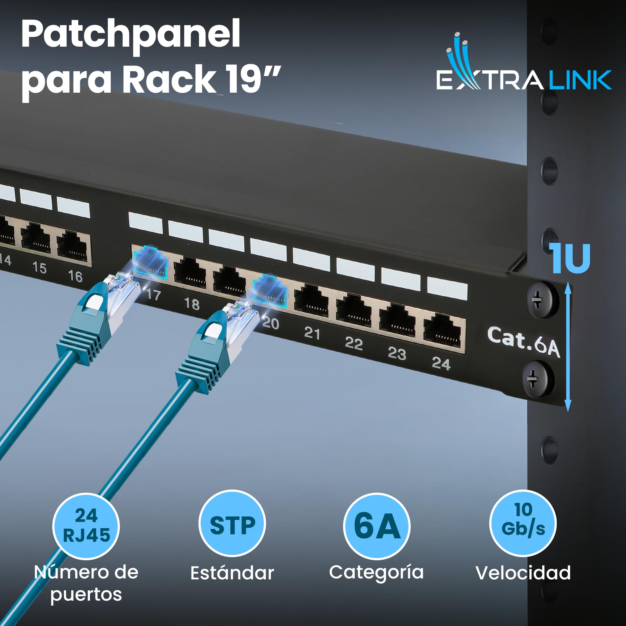 Extralink Patch Panel 24 puertos CAT6A STP apantallado 19 pulgadas RJ45