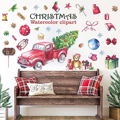Miniatura 2 de 33 calcomanías de pared de feliz Navidad calcomanías de pared de camión rojo de granja con árboles de Navidad calcomanías de pared para niños sala