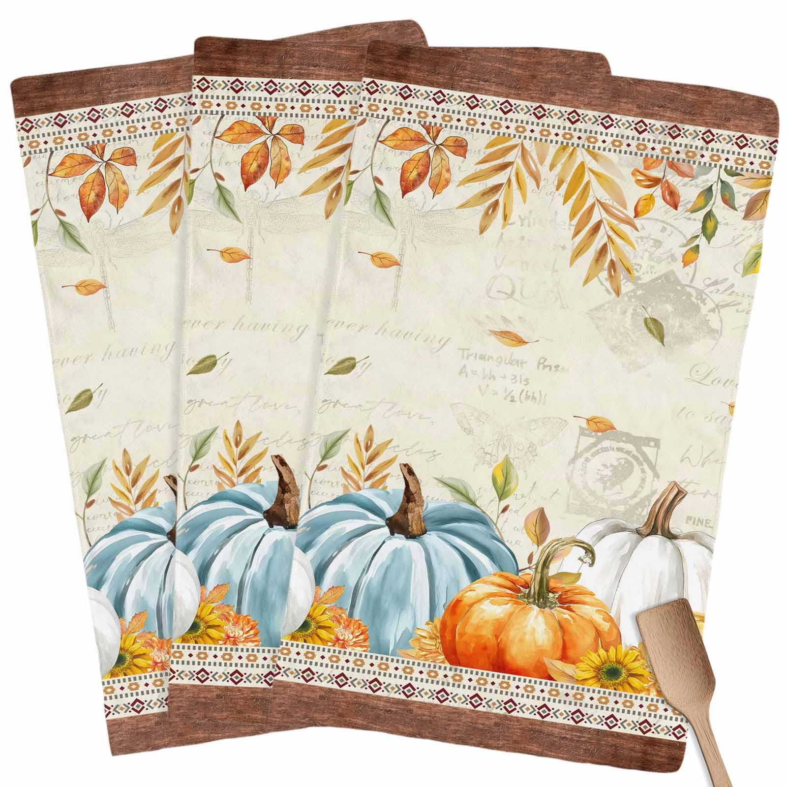 Fall Kitchen Towels Harvest Pumpkin Thanksgiving Hand Towels Leaves Sunflower Dish Towel Cleaning Cloth Soft Absorbent Quick Drying 3 Pack Dish Cloths for Kitchen, Bathroom Autumn Decoration