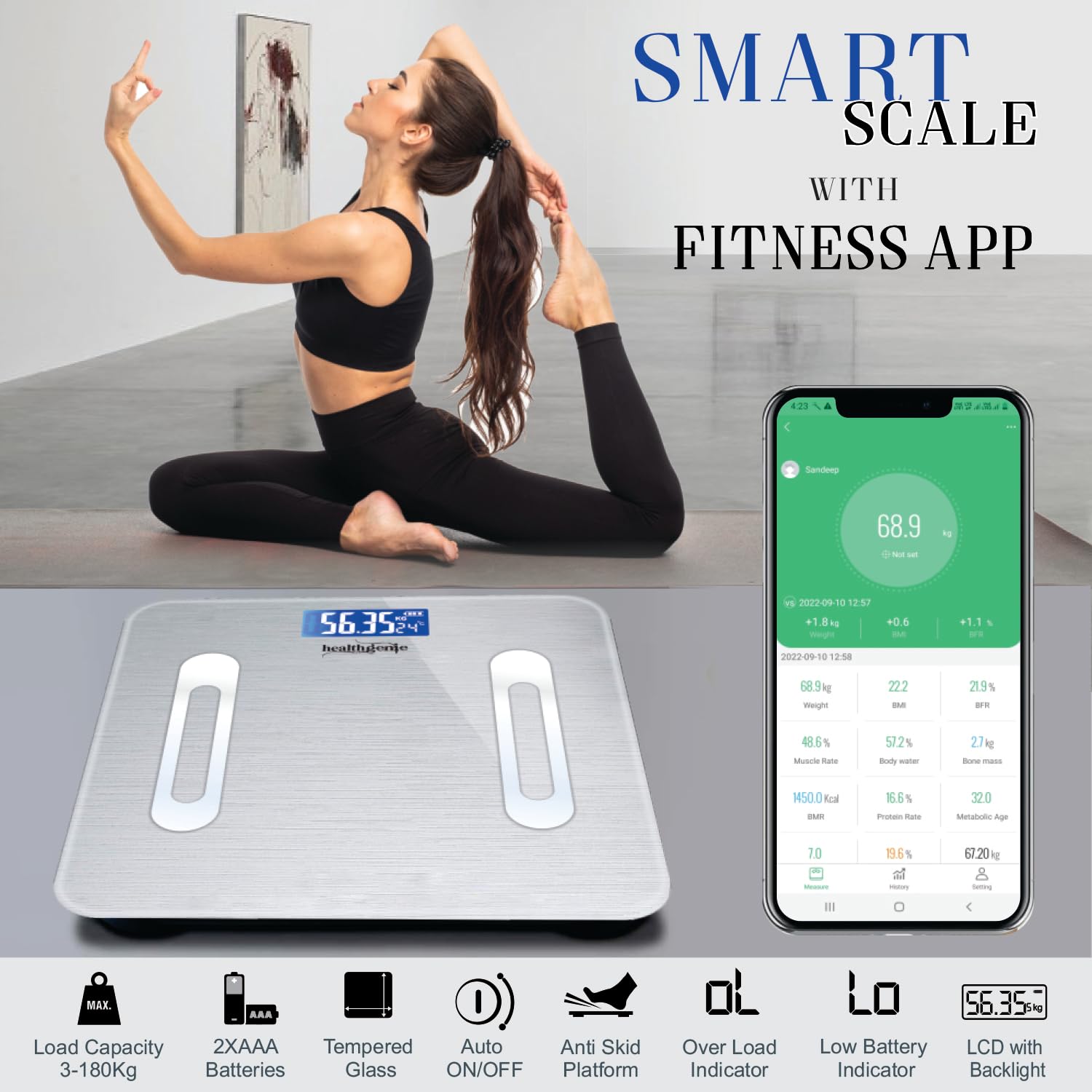 Healthgenie Smart Bmi Weight Machine For Body Weight With 18 Body Parameters Sync With Mobile App, 2 Yrs Warranty Bluetooth Weighing Machine Metallic Shine (Hb-411), 180 kg - Image 6 thumbnail