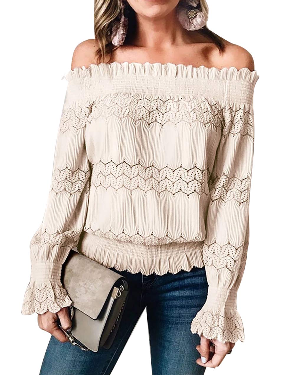 MAXIMGR Womens Off The Shoulder Elastic Tops Shirt Casual Loose Chiffon Long Sleeve Crop Top Blouse