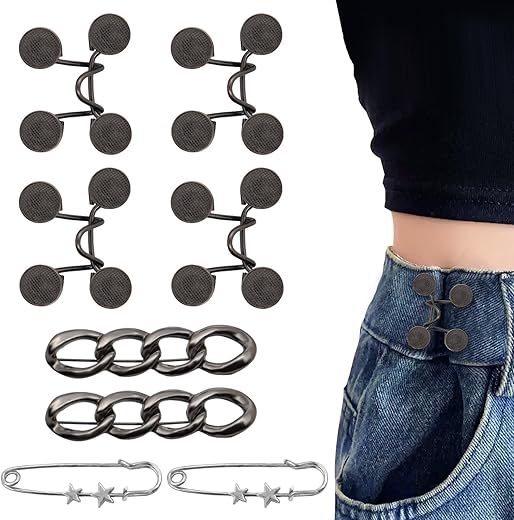 Frutain 8 Set Pant Waist Tightener Buttons Pins for Loose Jeans Reusable Waist Cincher Pants Clip to Waistband Tightener Metal Star Brooch for Women Clothing Dresses Skirts No Sewing or Tools (Black)