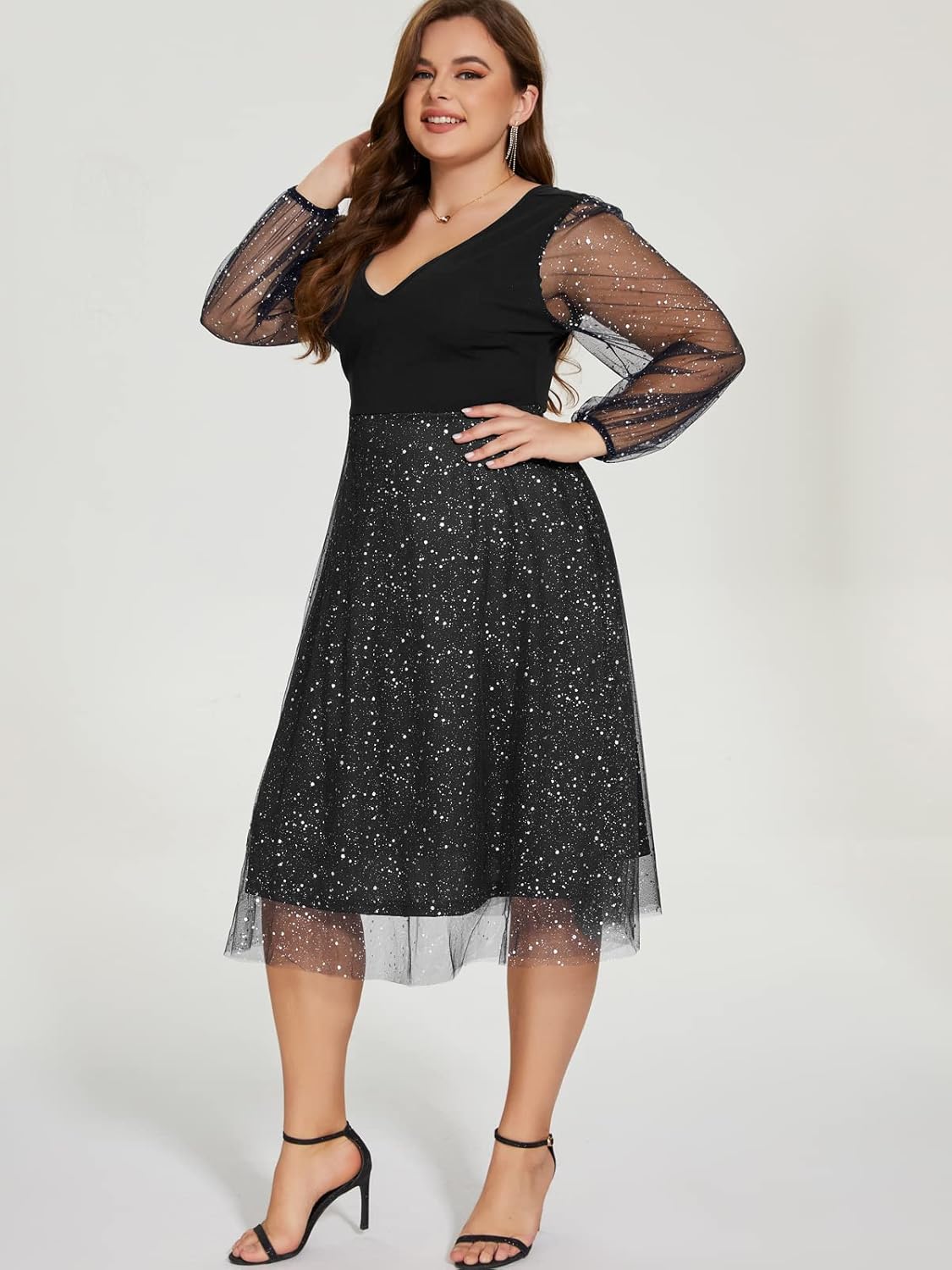 Parara Plus Size Mesh Cocktail Evening Party Dress for Women V Neck Long Sheer Sleeve Midi Formal Dresses - Image 3