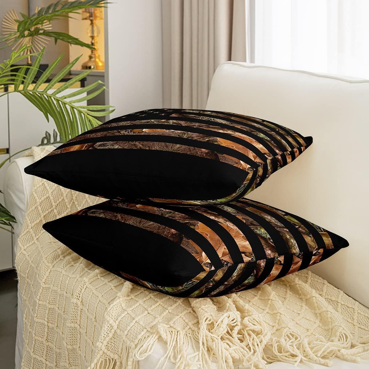 American Flag Camo Throw Pillow Cover 24x24, Military Hunting Pillow Cover, Rustic Tree Leaves Camouflage Cushion Case, Nature Conifer Oak Branches Decorative Pillow Cover For Boys, Black Brown