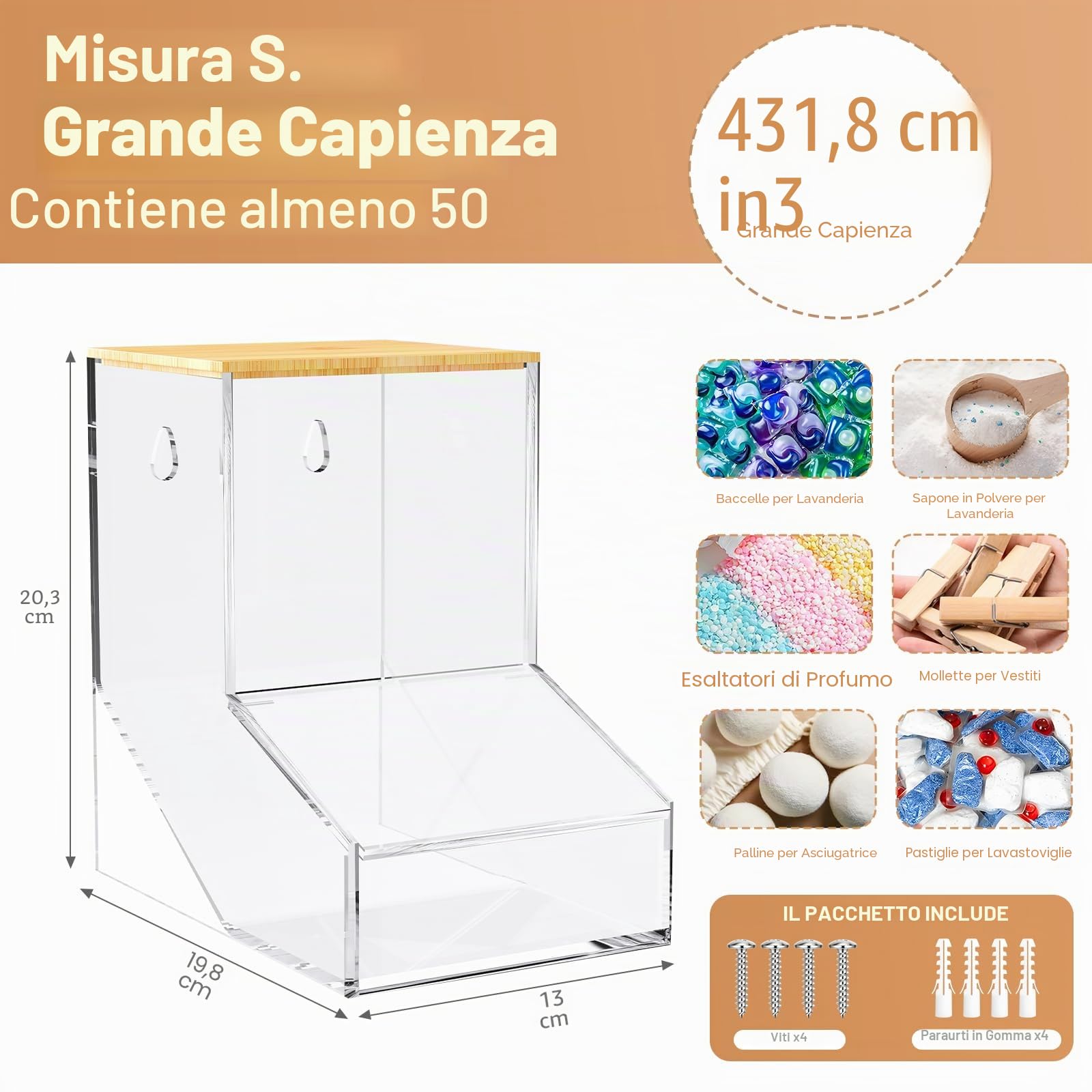JYPS Confezione da 2 contenitori per bucato, dispenser per caramelle in acrilico con 2 coperchi, supporto o parete per detersivo per bucato, dispenser per lavanderia, cucina, capsule di caffè/capsule