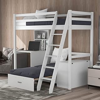 white loft bed with storage