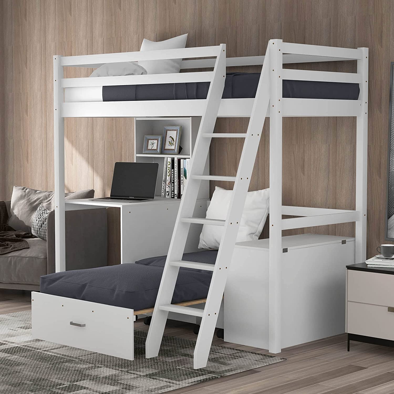 3FT Loft Bed Frame with Bookshelf and Retractable Pullout Bed, Storage, High Sleeper Bunk Bed, GWAY Children Bed with Solid Pine Wood for Kids ,90X190CM(White)
